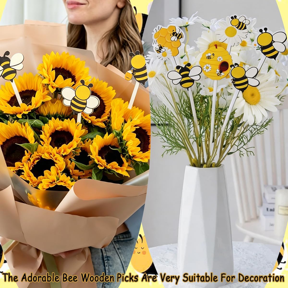 14PCS Bee Wooden Picks Vase Filler Cute Honeybee Decorative Pick Bumblebee Stems Nectar Floral Pick for Spring Summer Theme Party Honeybee Theme Tabletop Home and Farmhouse Decoration