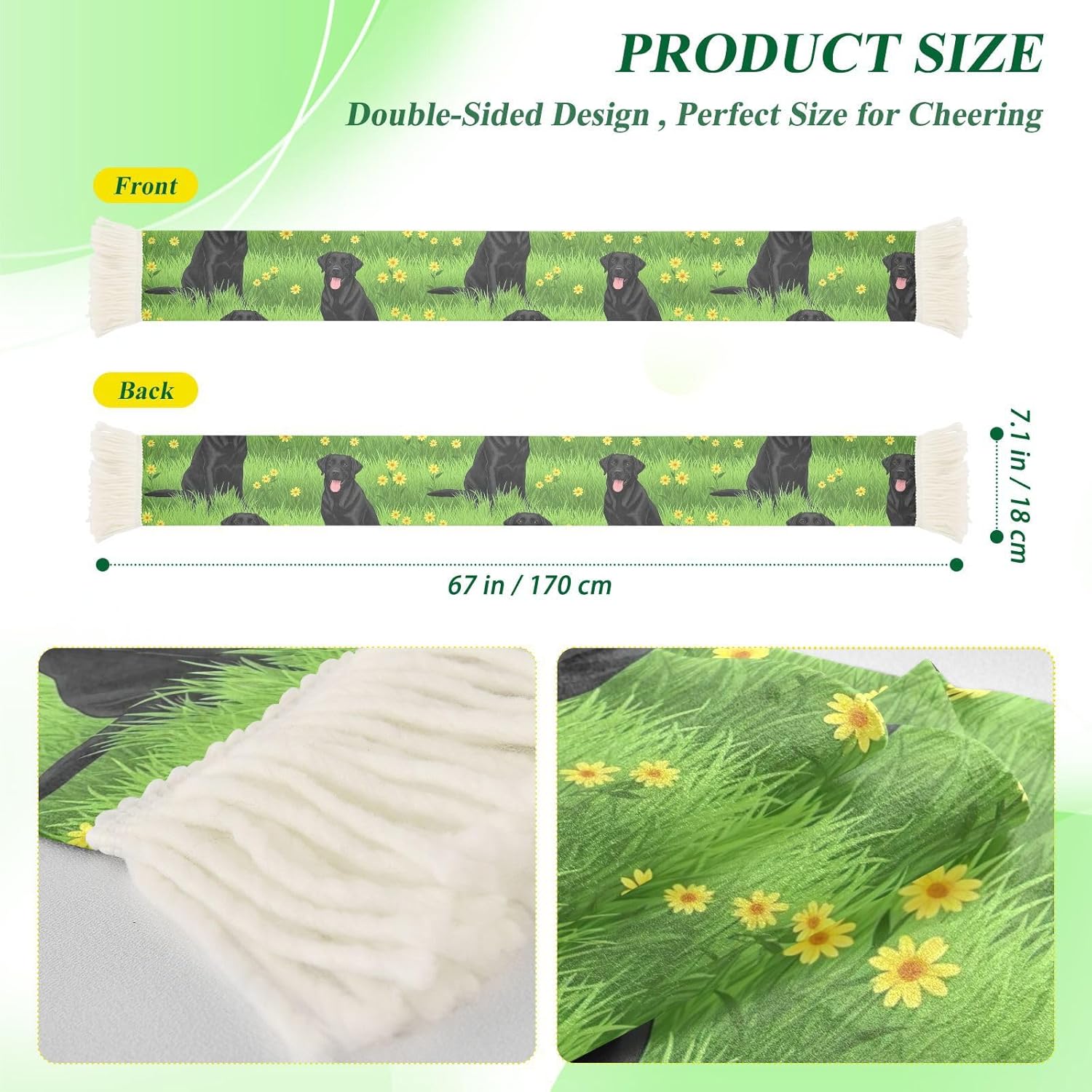 CHIFIGNO Green Grass Dog Sports Fan Scarf Towel, Soft Absorbent Polyester Cheering Wrap for Soccer Games, Quick Dry with Fringe Ends