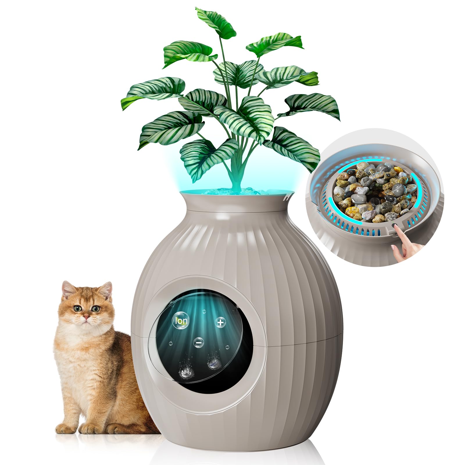 Smart Odor Control Plant Cat Litter Box for Big Cats, Hidden Cat Litter Box Plant, Extra Large Litter Box with Light, Easy to Clean, Includes Artificial Plants, Door, Scoop