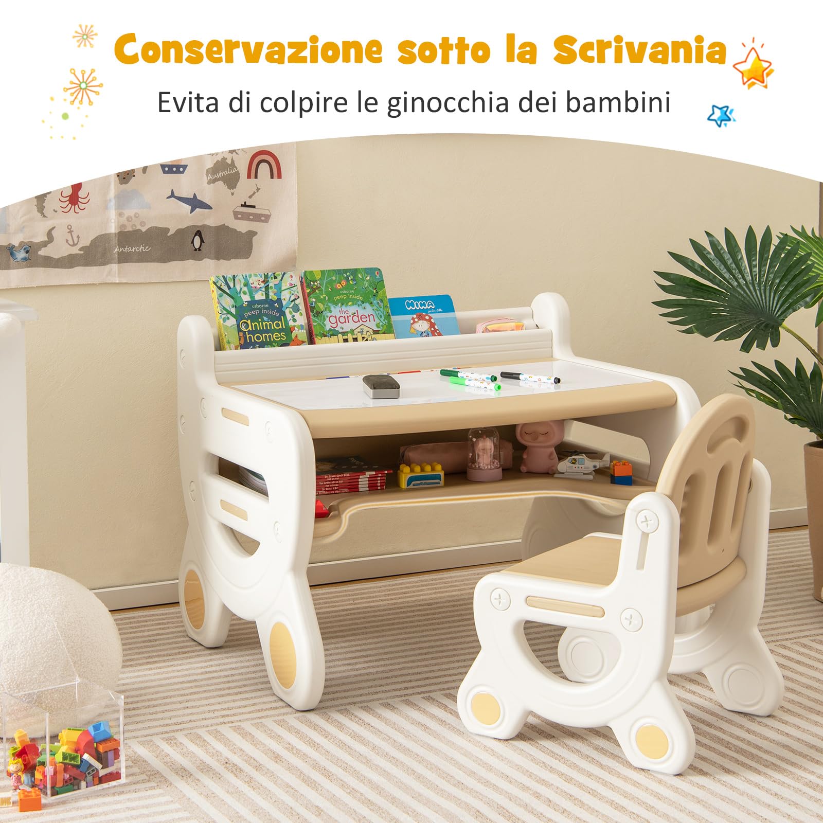 COSTWAY Set Tavolo e sedia per Bambini, Tavolo per Bambini con Sedia, Tavolo da Disegno Cancellabile e Ripiano, per Disegnare, Leggere, Giocare, Ideale per Bambini 3-8 Anni (Brown)