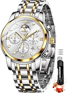 OLEVS Chronograph Watches for Men Original Analog Quartz Black Stainless Steel Chain Luxury Dual Time Zone Moon Phase Date Waterproof Men's Wrist Watch