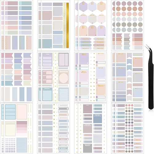 Miniatura 1 de 24 hojas de calcomanías funcionales pastel para planificador con pinzas para codo, calcomanías metálicas funcionales y elegantes para