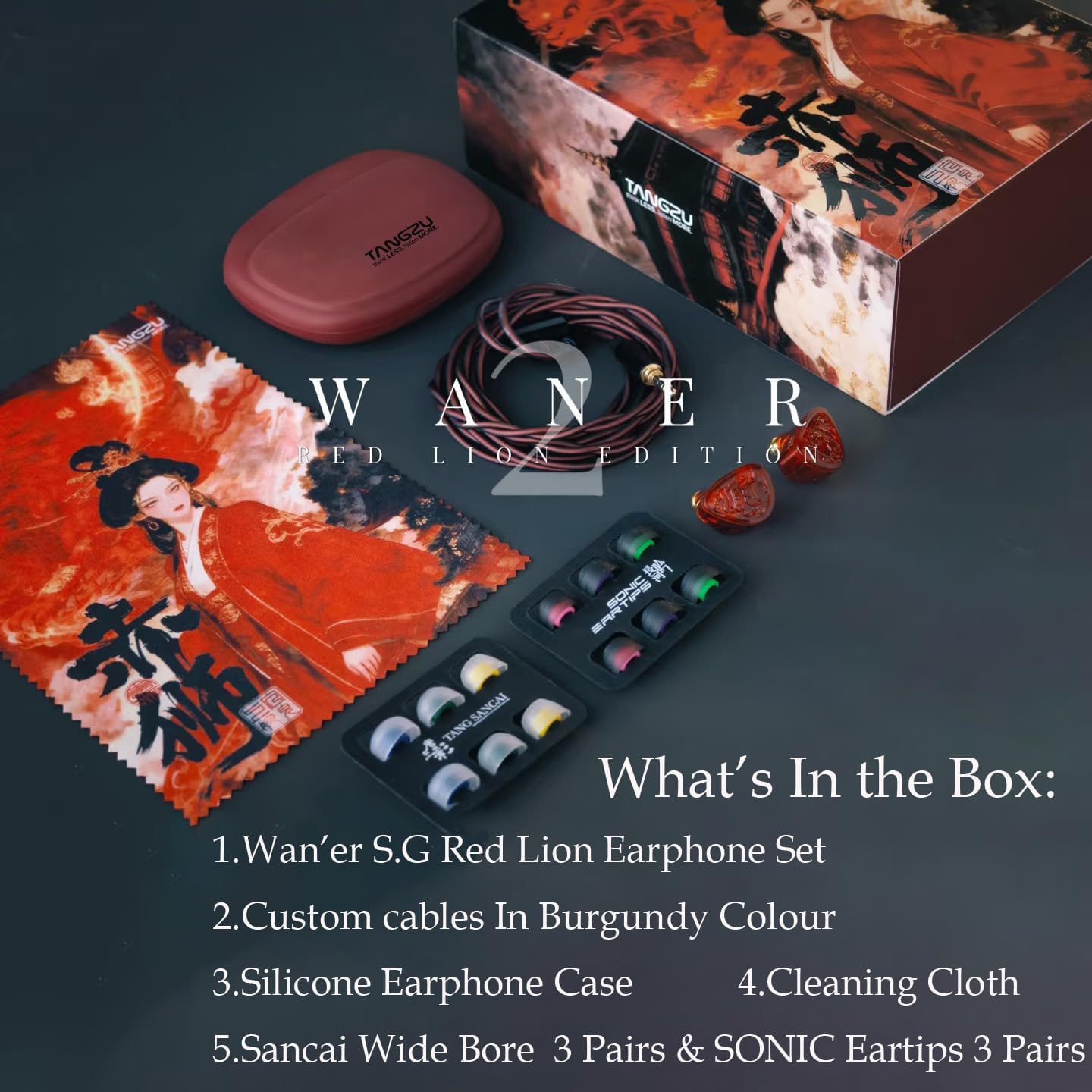 TANGZU Wan'er S.G II Red Lion in Ear Monitor, Gaming IEM Earphones, HiFi Wired Earphones with Silicone Headphone Organizer, Tang Sancai Wide Bore Eartips, Sonic Eartips (Red, 3.5mm)