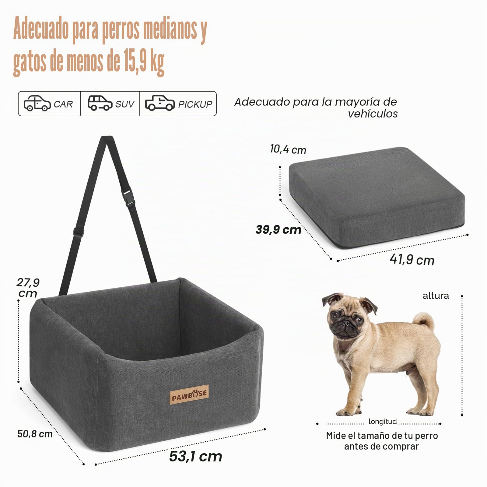 Asiento de Coche para Perros medianos de hasta 15 kg,Asiento Elevador para Perros con cinturón de Seguridad, Cama de Viaje para Mascotas con Funda extraíble y Lavable
