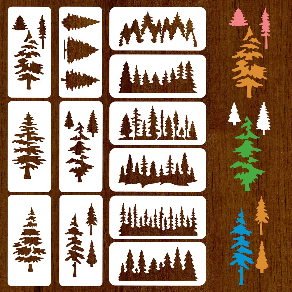 INFUNLY 12PCS Tree Stencil for Pine Tree Stencils 11.8x5.9inches Reusable Painting Template Wall Stencils for Wood Forest Wall Furniture Christmas Decor