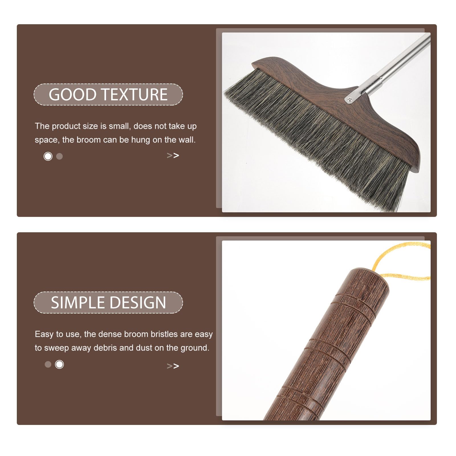 Escoba Mango Cerdas de Limpieza de Madera Largo para Suelo | Negro, Cerdas Biseladas y Lado Plano, Acero Inoxidable y Plástico, Orificio para Colgar