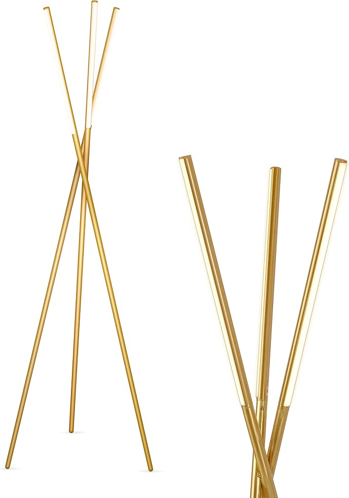 Brightech Brightech Stix Led-vloerlamp met driepoot voor woonkamer, moderne dimbare staande lamp met 3 lampen voor de slaapkamer, moderne kantoorverlichting, goud/antiek messing