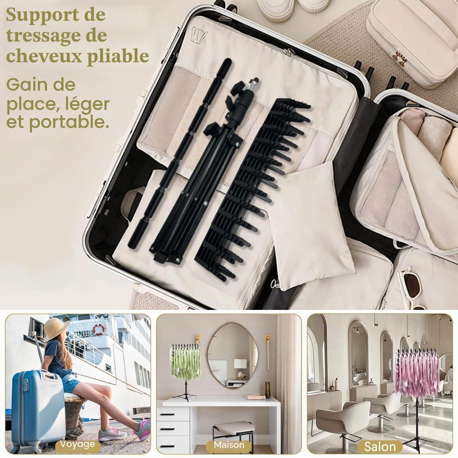 Funvalley Surperfect Support de tressage avec 144 piquets, support d'extension de cheveux réglable en hauteur, support double face pour perruque, séparateur de cheveux pour salon de coiffure, maison
