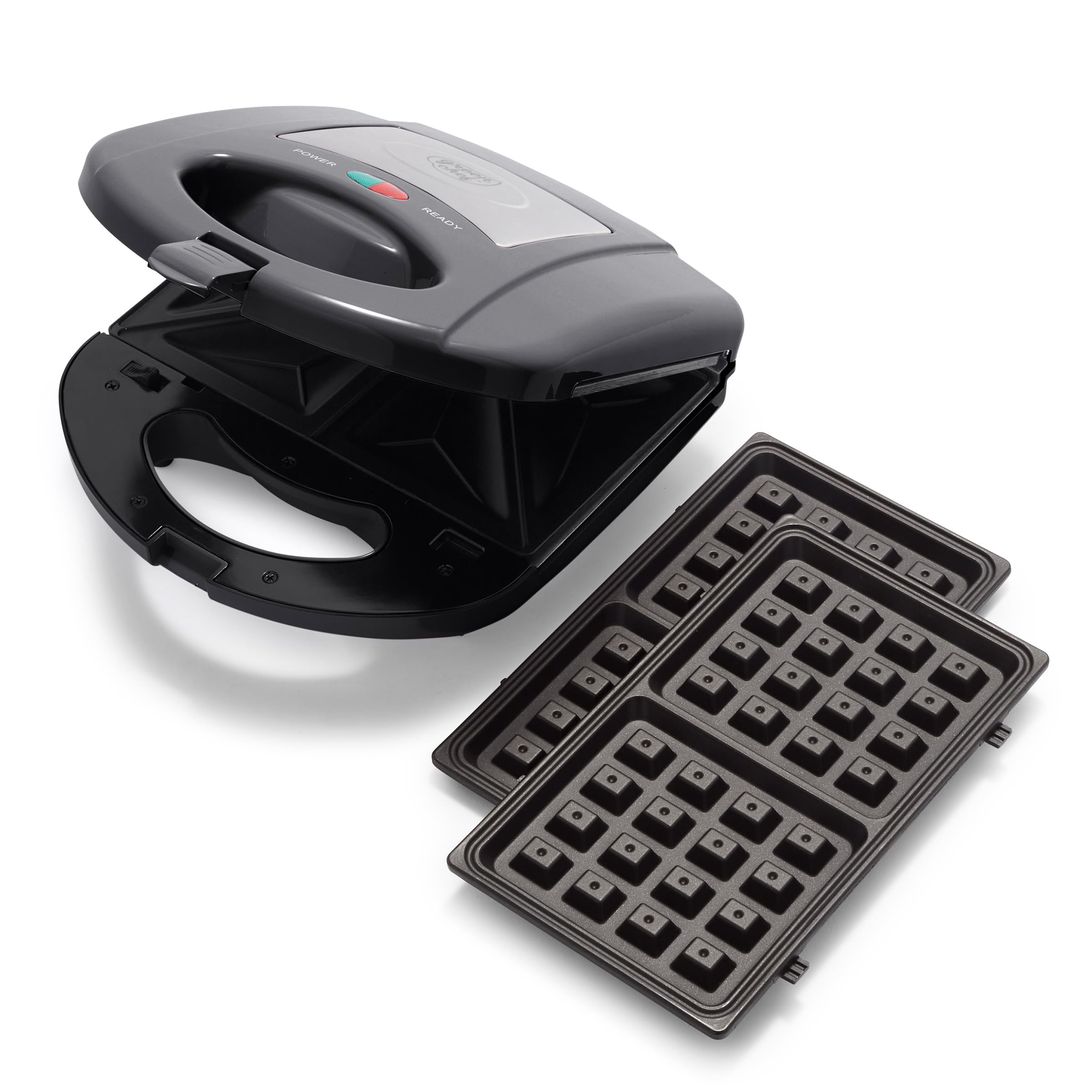 GreenChef Elektryczna prasa do Panini 3 w 1, gofry i kanapki, zdejmowane płyty ceramiczne, bez PFAS lub BPA, gryzak, zmywarka, wielofunkcyjna, kontrolowana temperaturą, czarna