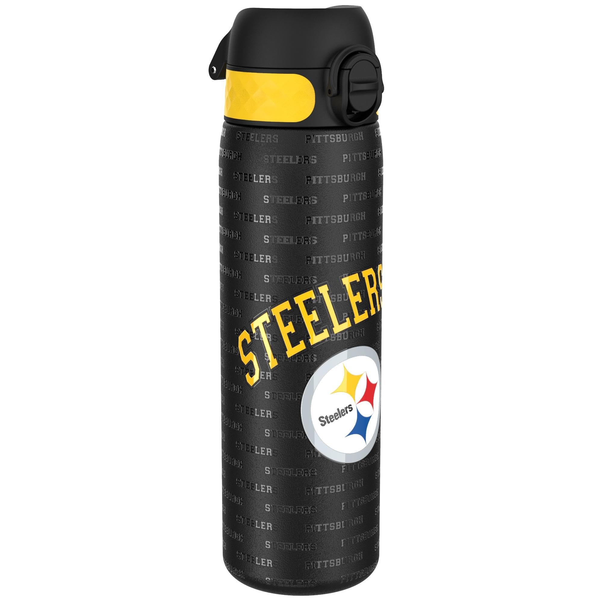 Ion8 NFL Pittsburgh Steelers Lightweight Steel Water Bottle, 600 ml/20 oz, Non-Insulated, Leak Proof, Easy to Open, Secure Lock, Dishwasher Safe, Flip Cover, Fits Cup Holders, Metal Water Bottle