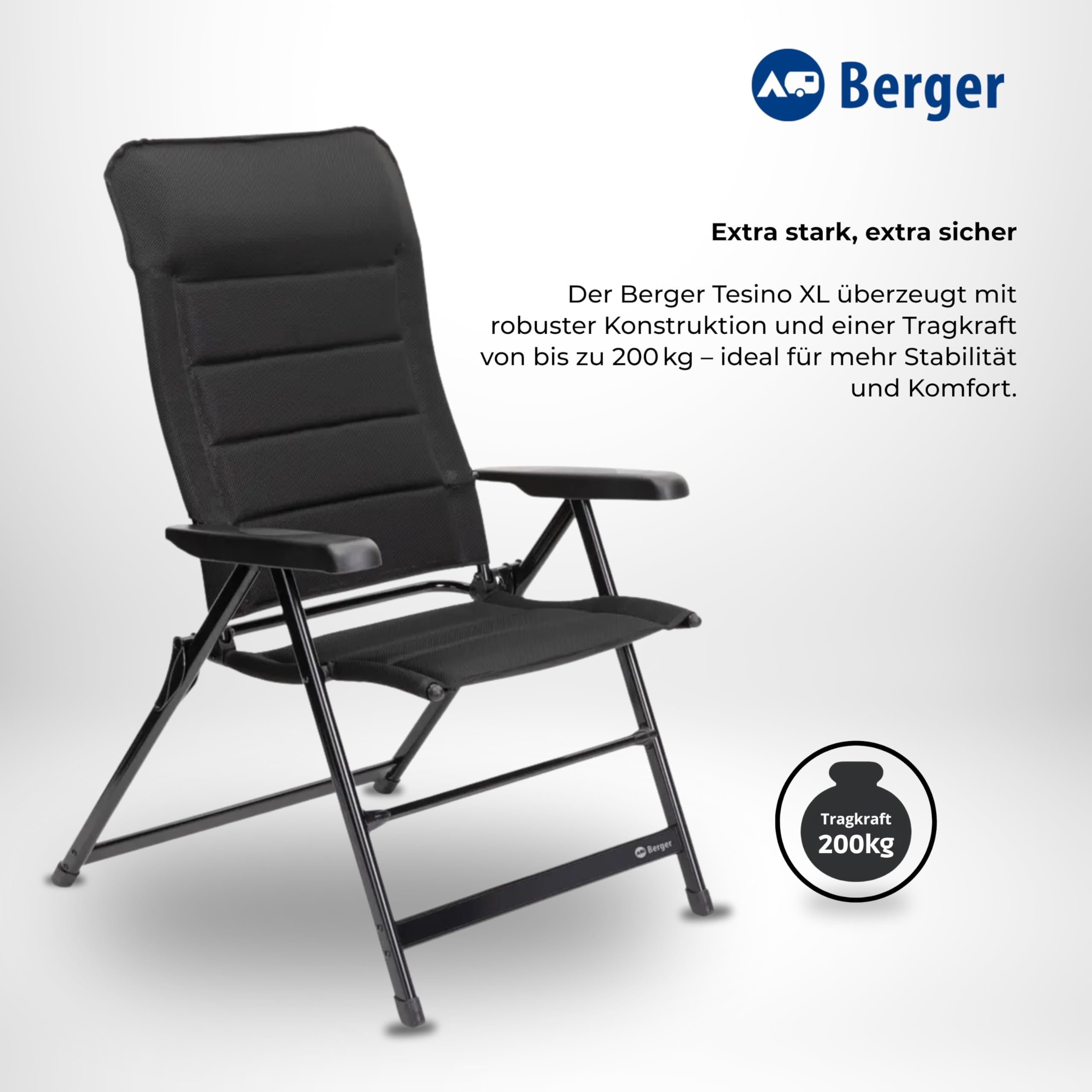 BERGER Tesino XL Campingstuhl klappbar 7-Fach verstellbar gepolstert Faltbarer Outdoor-Stuhl 3D-Mesh bis 200 kg
