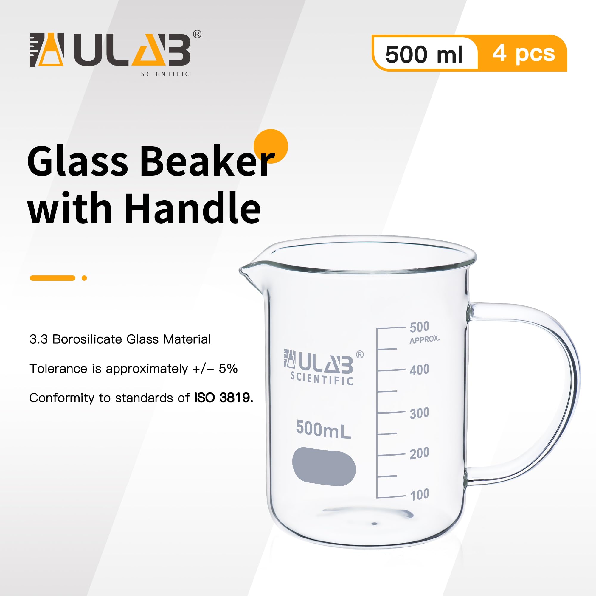 ULAB UBG1071 Lot de 4 béchers en verre borosilicate 3.3 avec poignée, vol. 500 ml, forme basse avec graduation imprimée, lot de 4