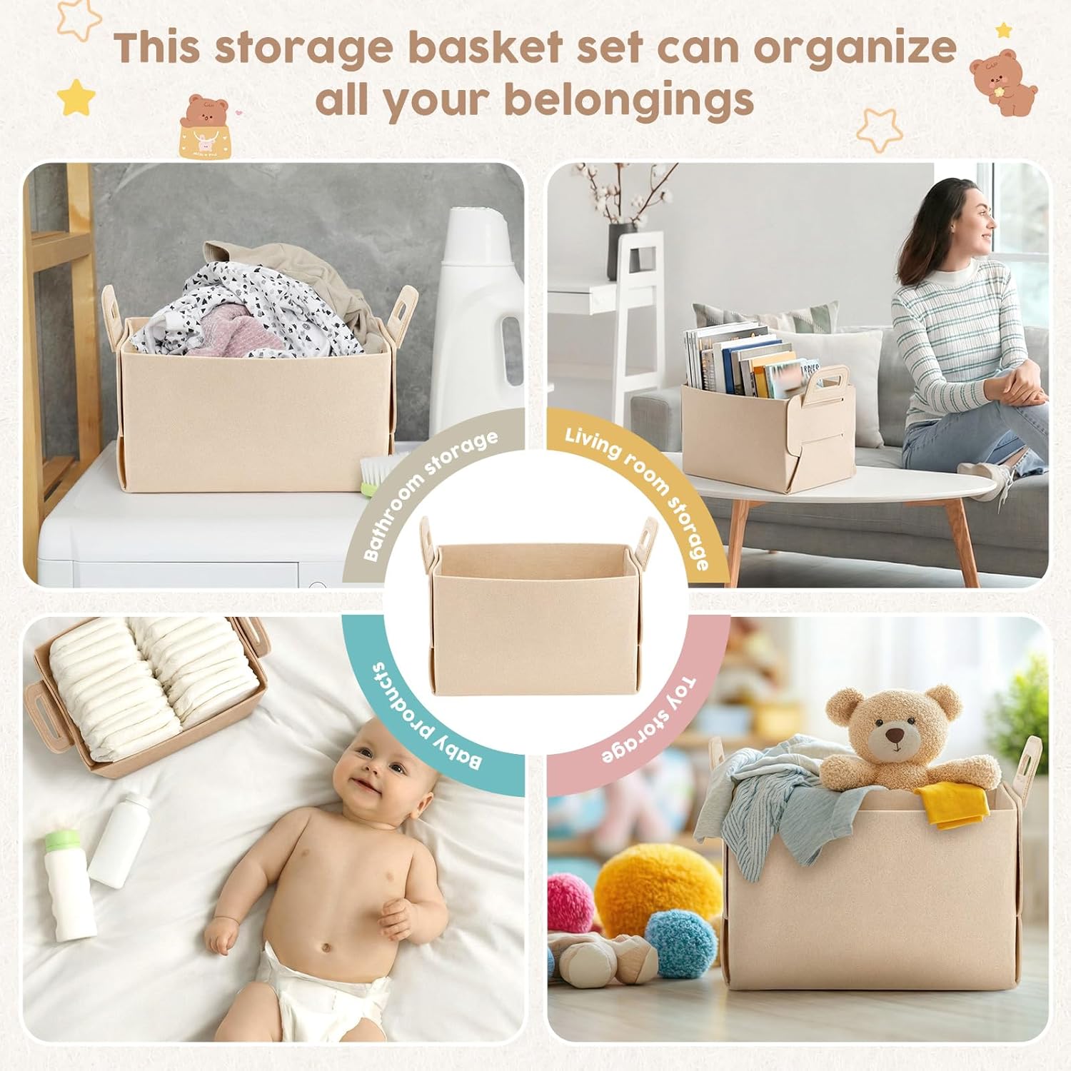 12 Pcs Storage Baskets Felt Storage Bin Beige Felt Collapsible Convenient Box Organizer with Carry Handles for Office Bedroom Closet Babies Nursery Toys Laundry (9.8×7.1×5.9in)
