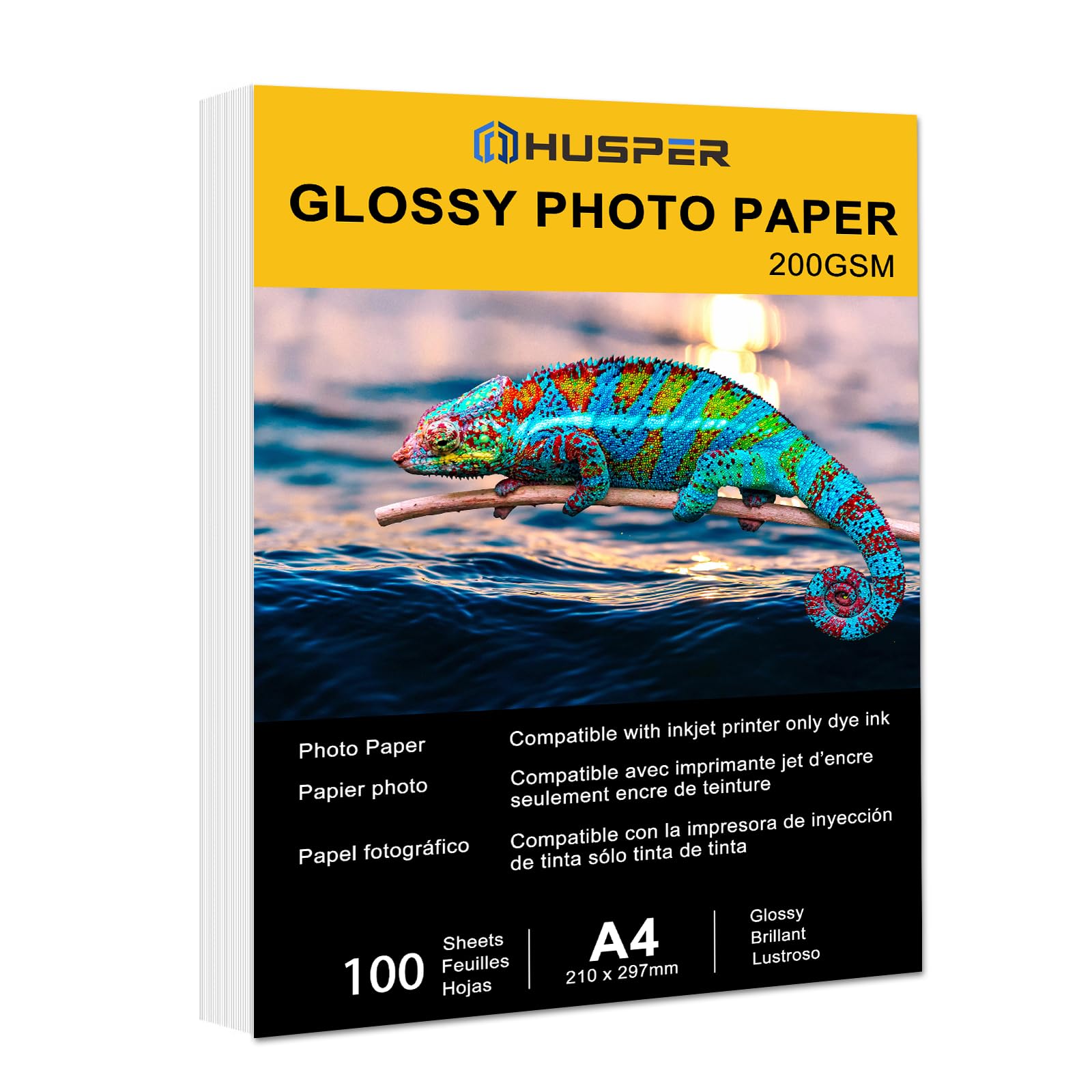 HUSPER Inkjet Glossy Photo Paper 100 Sheets A4 53lb Professional Photographic Paper Compatible with Dye Ink Printer 200GSM Instant Dry
