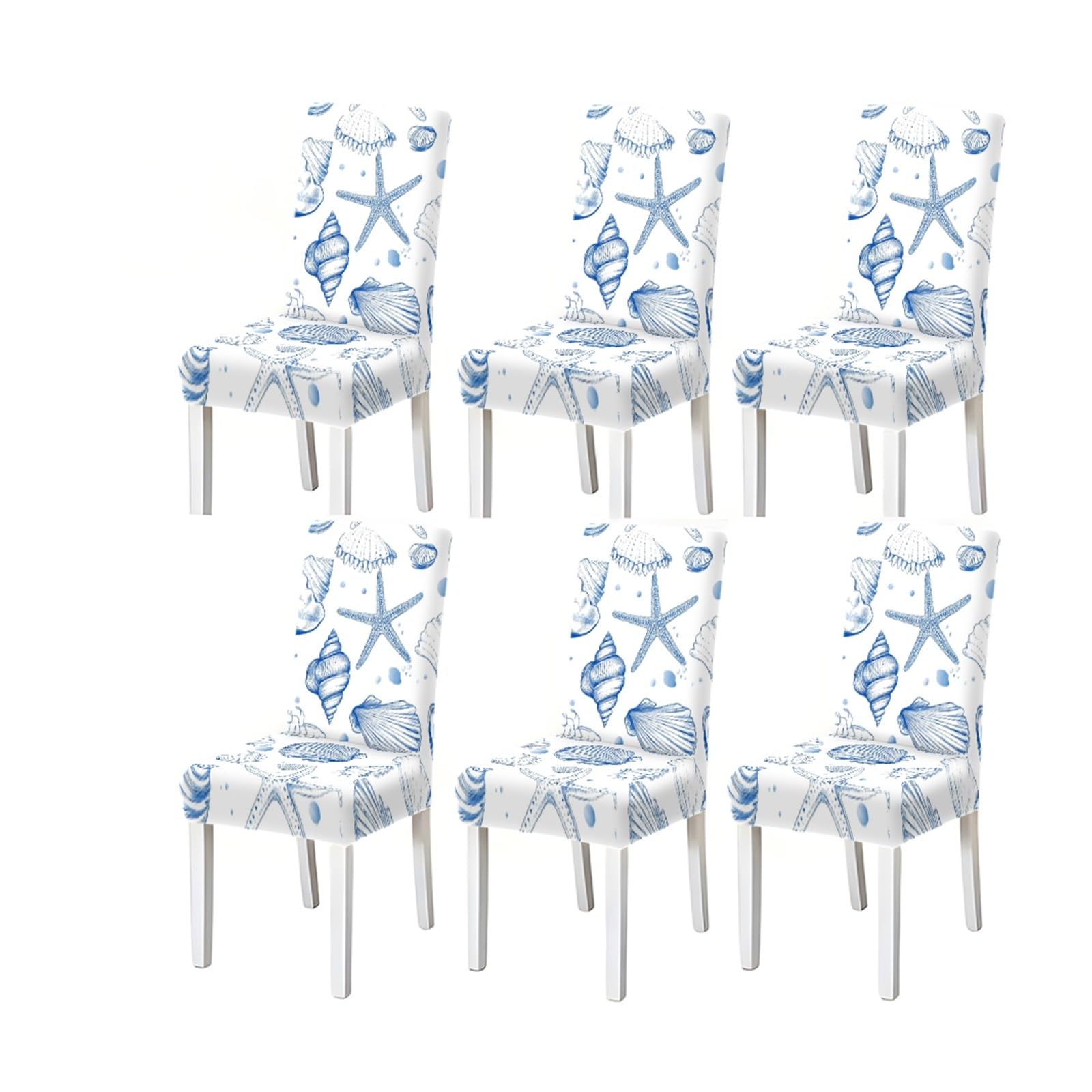 FZJKGH Coastal Seashell Dining Chair Covers Set Of 2/4/6, Stretch Washable High Back Chair Slipcovers, Blue Starfish Beach House Design Removable Stretch Slipcovers for Dining Chairs(6PCSChair cover)