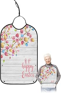 BOBOWUNY Spring Easter Adult Bibs for Elder Women Men Eating, Colorful Eggs Tree with Leaf Vintage Wood Waterproof & Washable Bibs for Eating Clothing Protector Dining Bibs for Crumb Catcher