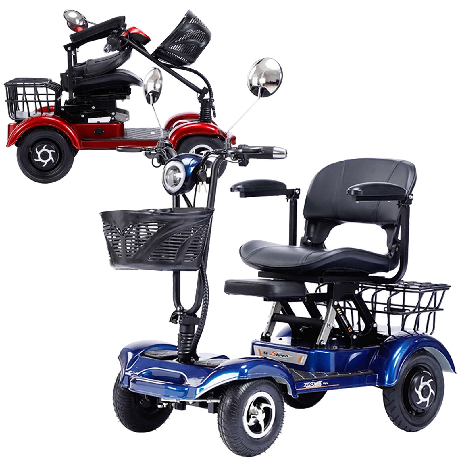 Scooter de Movilidad 4 Ruedas, Silla de Ruedas Eléctrica para Adultos con Luces, Scooter de Viaje Plegable y Compacto con Mando a Distancia, Batería Extendida y Cargador,Azul