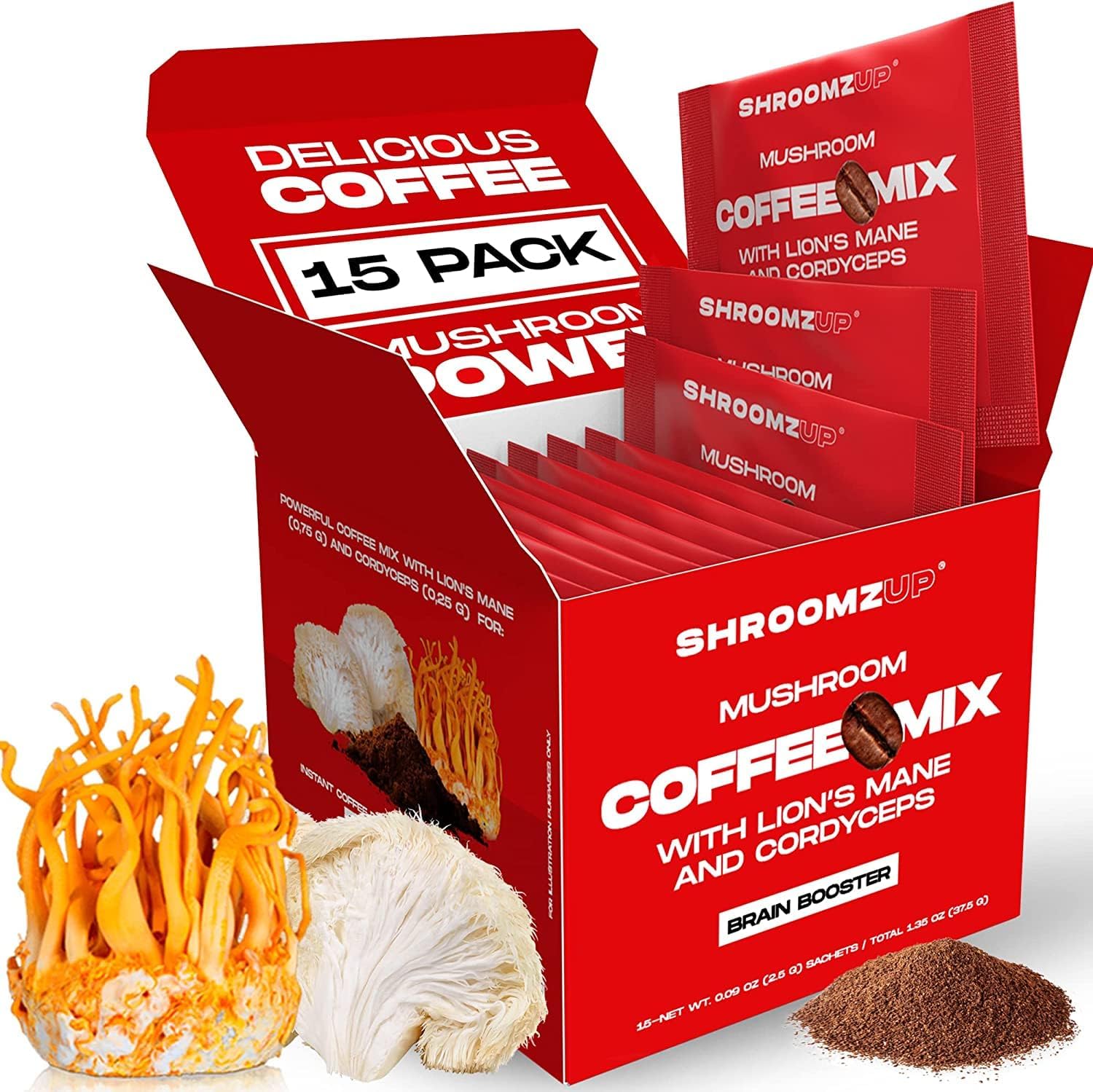 Vegan Mushroom Coffee, Arabica Instant Coffee Mix With Lions Mane and Cordyceps for Travel, Better Focus, Energy, and Productivity, 15 Packets