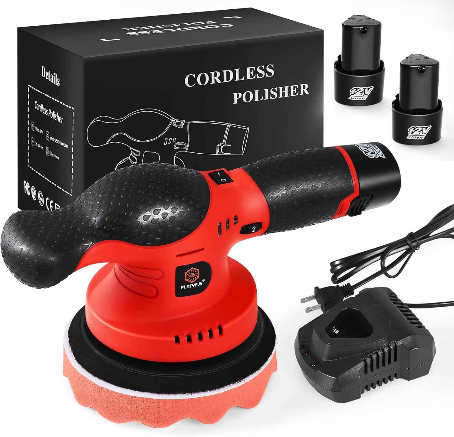 Platypus Cordless Car Buffer Polisher, Portable Cordless Polisher Kit with 2Pcs 12V 2.0Ah