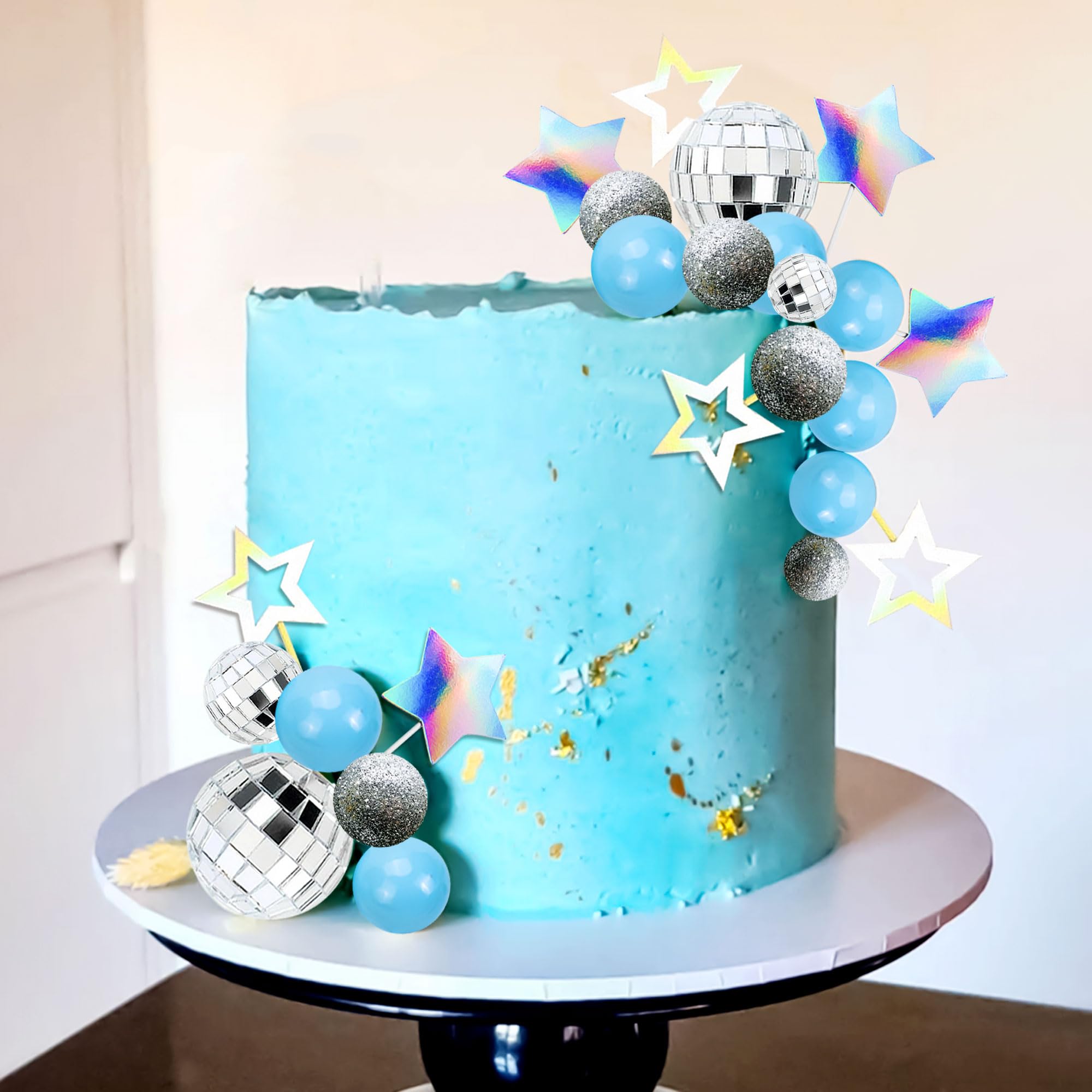 JeVenis topper per torta con palla da discoteca blu topper per torta regina danzante decorazioni per torte anni '80 palline per torta blu argento decorazioni per torte blu topper per torte palla