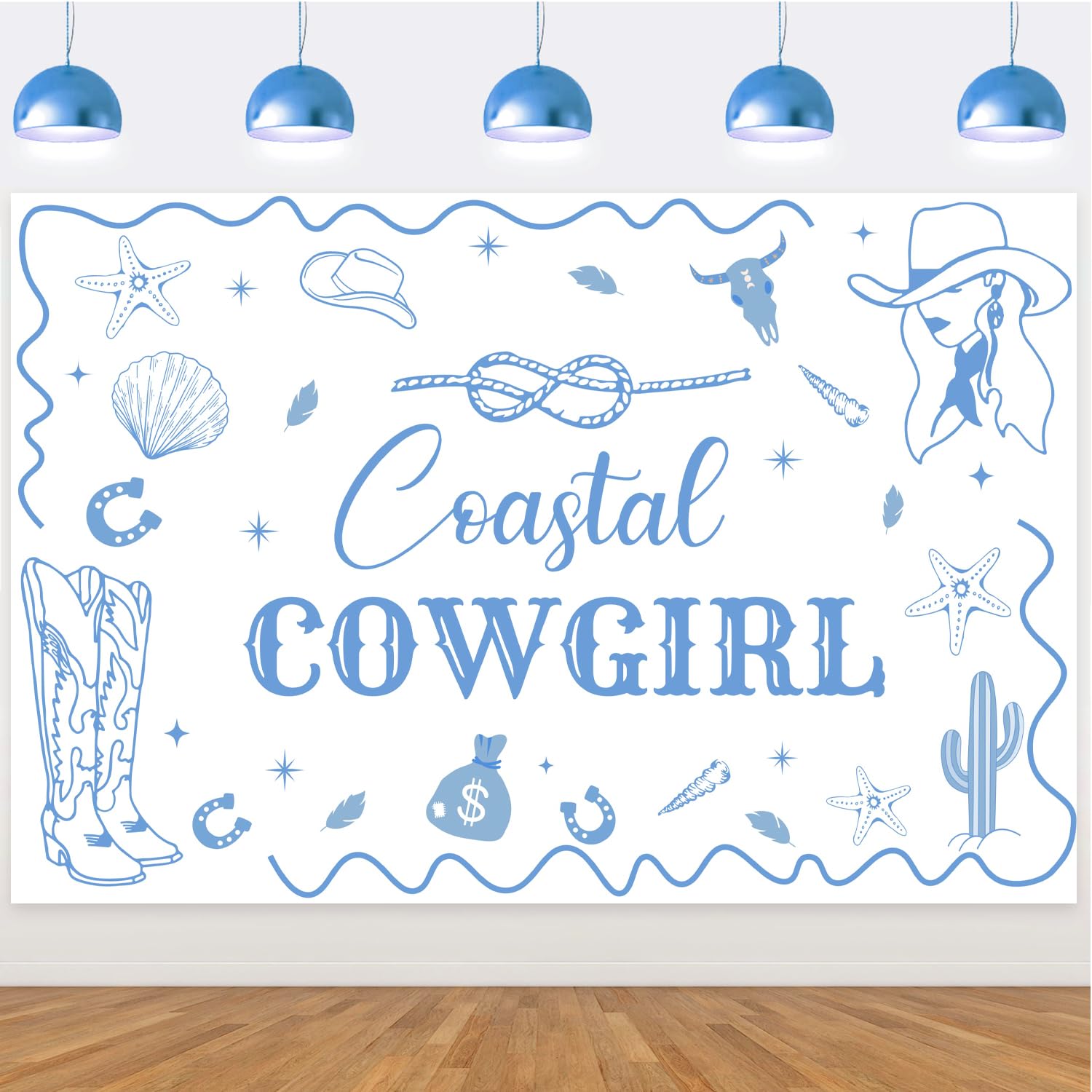 Coastal Cowgirl Backdrop Blue Bachelorette Party Decorations Sea Shell Cowgirl Hat Cowgirl Boot Photography Background Photo Booth Banner Props for