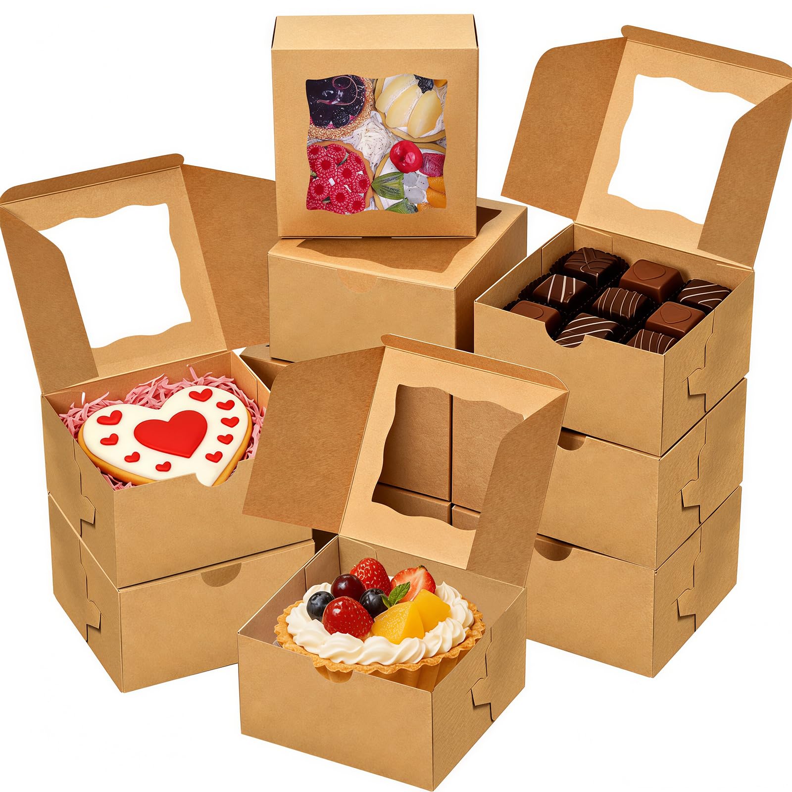 Cookie Boxes, 60 PCS Cupcake Boxes, Mini Cake Boxes Bakery Pastry Boxes with Window for Cake Pastries Pie Board Cardboard Gift Packaging Boxes Bakery Coffee Shop Brown