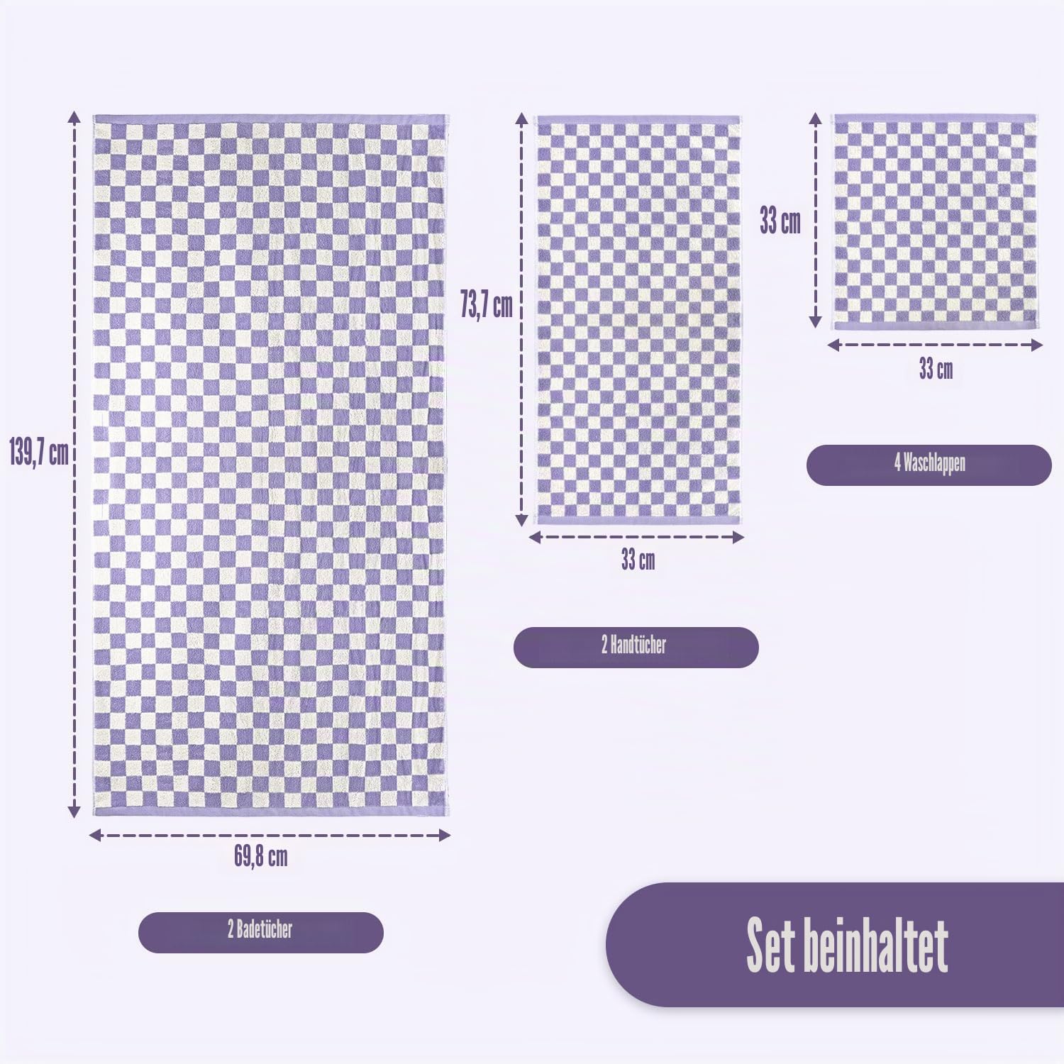 8-teiliges Set aus Baumwollhandtüchern und Waschlappen, niedliches Kariertes Badezimmer-Handtuch-Set, luxuriös, weich, saugfähig, leicht, Flieder