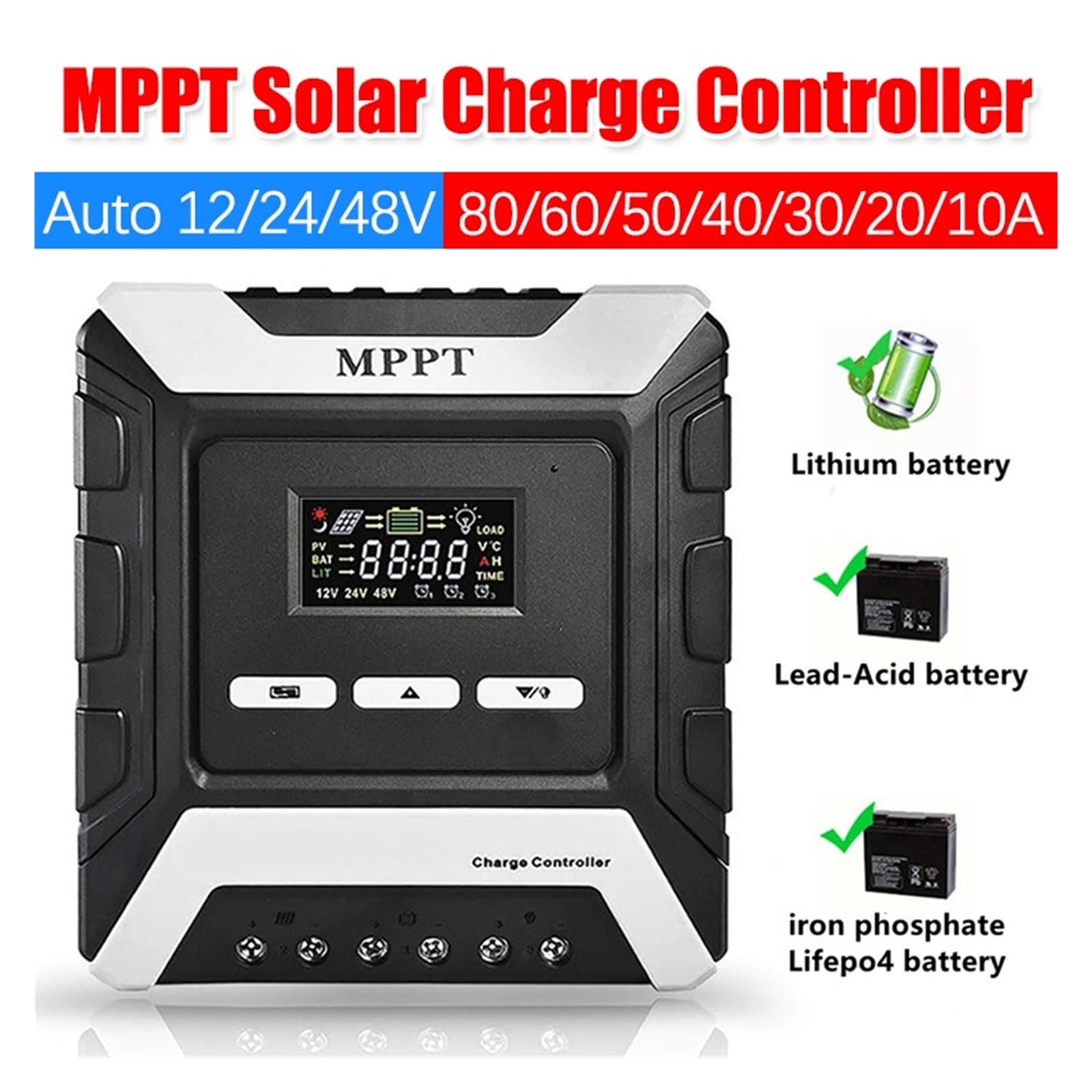 Régulateur Solaire MPPT For Batterie Automatique Au Lithium/plomb-acide/phosphate De Fer 12V/24V/48V, 80/60/50/40/30/20/10A Largement Utilisé(60A)
