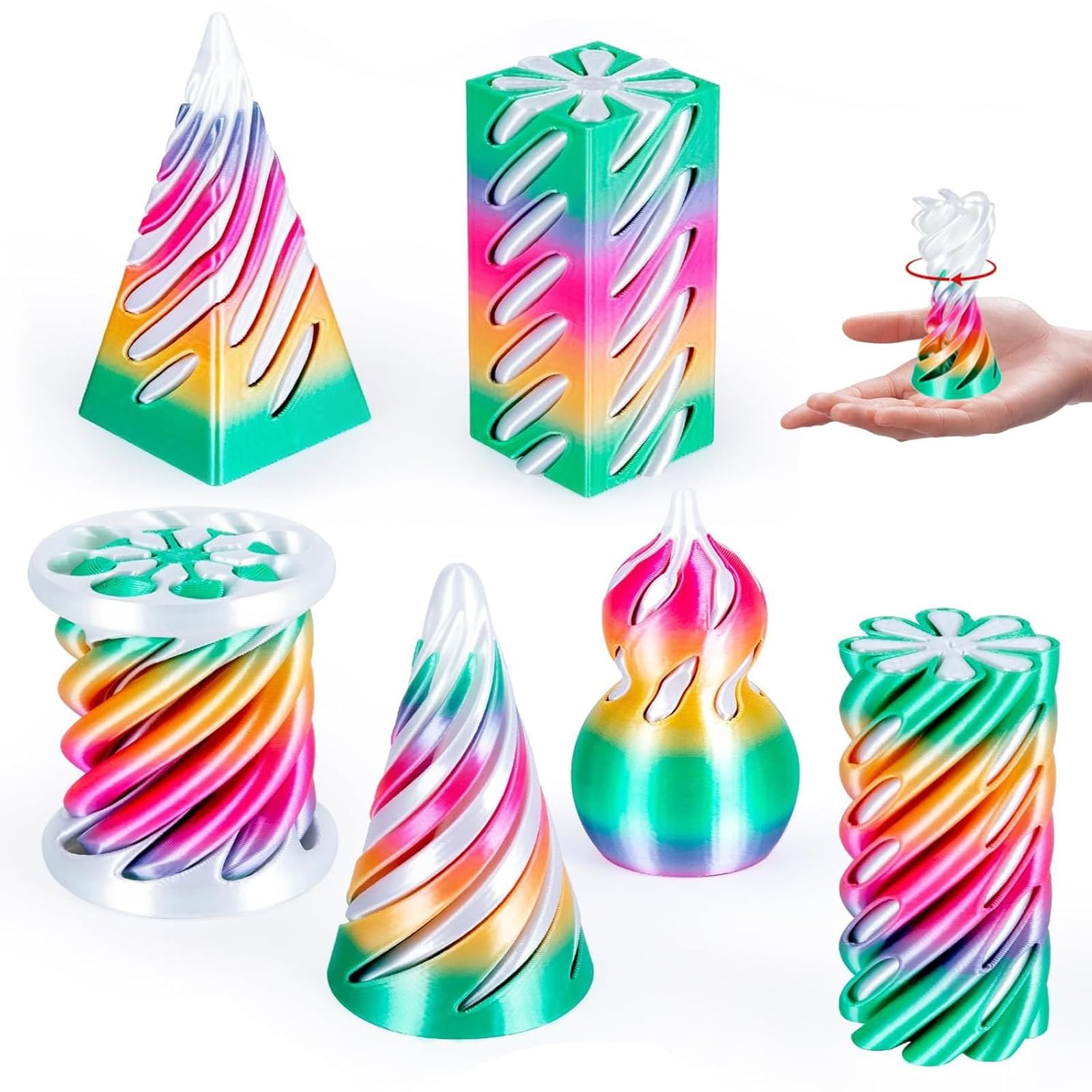 3D Printed Fidget Toy – 6Pcs Impossible Pyramid Passthrough Sculpture Spiral Fidget Toys for Stress Relief and Focus, Mini Desktop Decoration for Adults Premium Gift