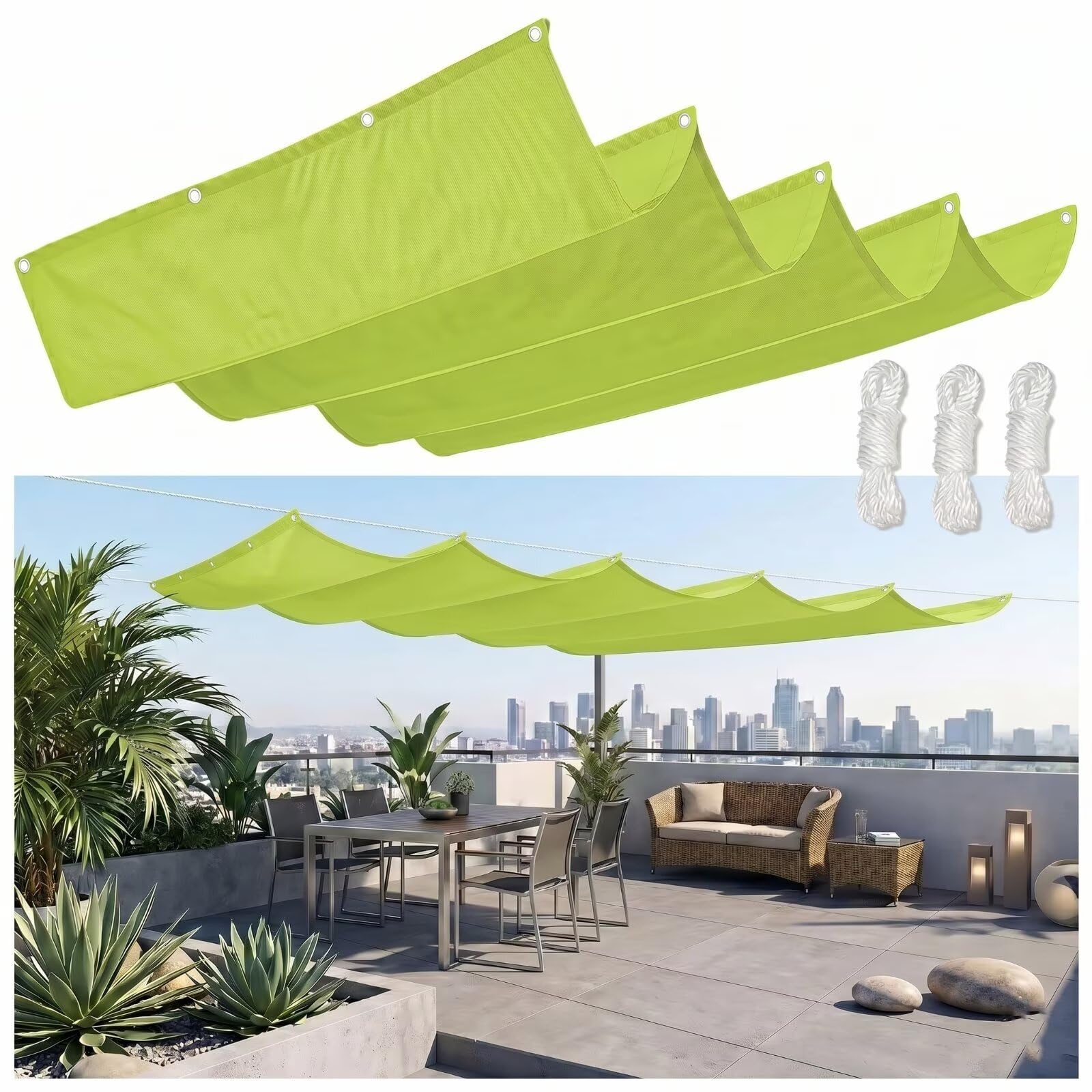 Vela Sombra Rectangular Ondulada 100x550cm Retráctil Impermeable Toldo Exterior Malla de Sombreo Jardín Verde
