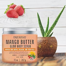 Mango Butter Body Scrub Exfoliator Biotin, Collagen, Stem Cells - Natural Exfoliating Salt Scrub & Body and Face Souffle helps with Moisturizing Skin, Acne, Cellulite, Dead Skin Scars, Wrinkles- 11 oz