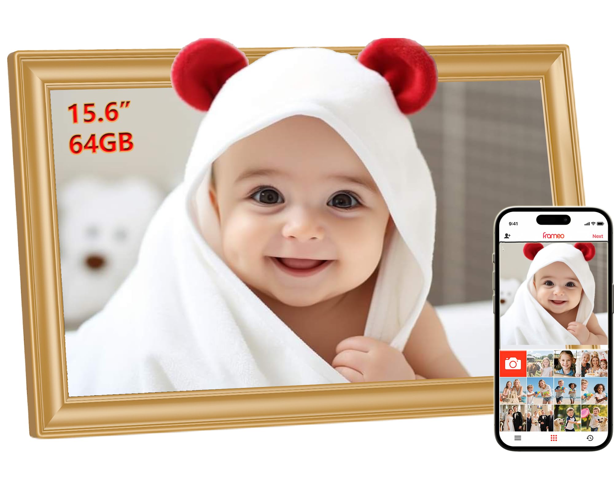 64GB FRAMEO 15,6 Zoll Digitaler Bilderrahmen - 1920 * 1080P FHD IPS Touchscreen Digitale Bilderrahmen, Auto Rotation Elektronischer Fotorahmen, Teilen Sie Fotos/Videos Sofort