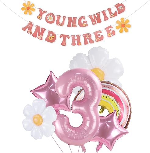 Cartel de niña Young Wild y Three Decoration, decoraciones de fiesta de tercer cumpleaños, Groovy Retro Hippie Boho Daisy Flower Rainbow y Pink
