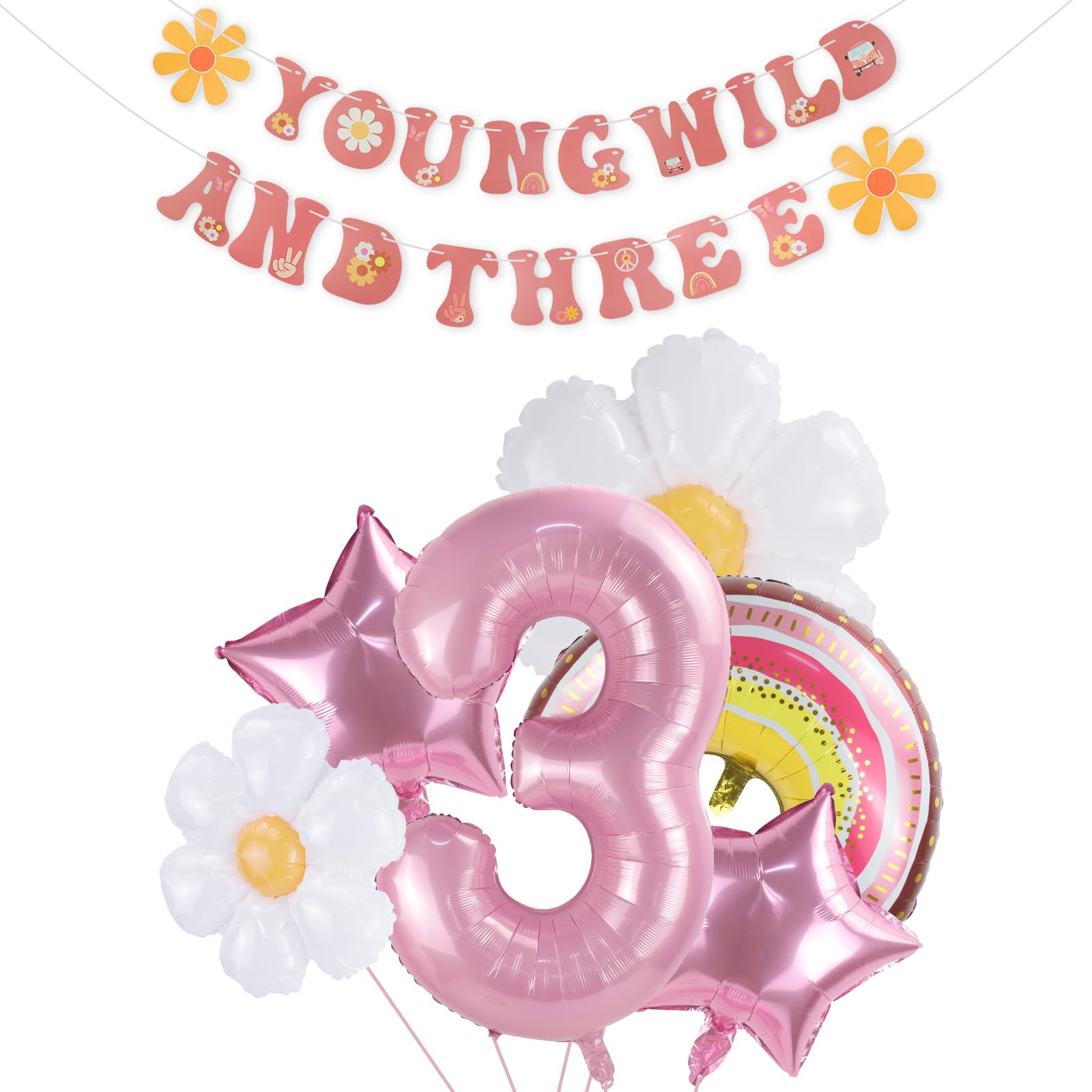 Young Wild and Three Decorations Girl Banner,3rd Birthday Party Decorations,Groovy Retro Hippie Boho Daisy Flower Rainbow And Pink Stars Foil Balloon