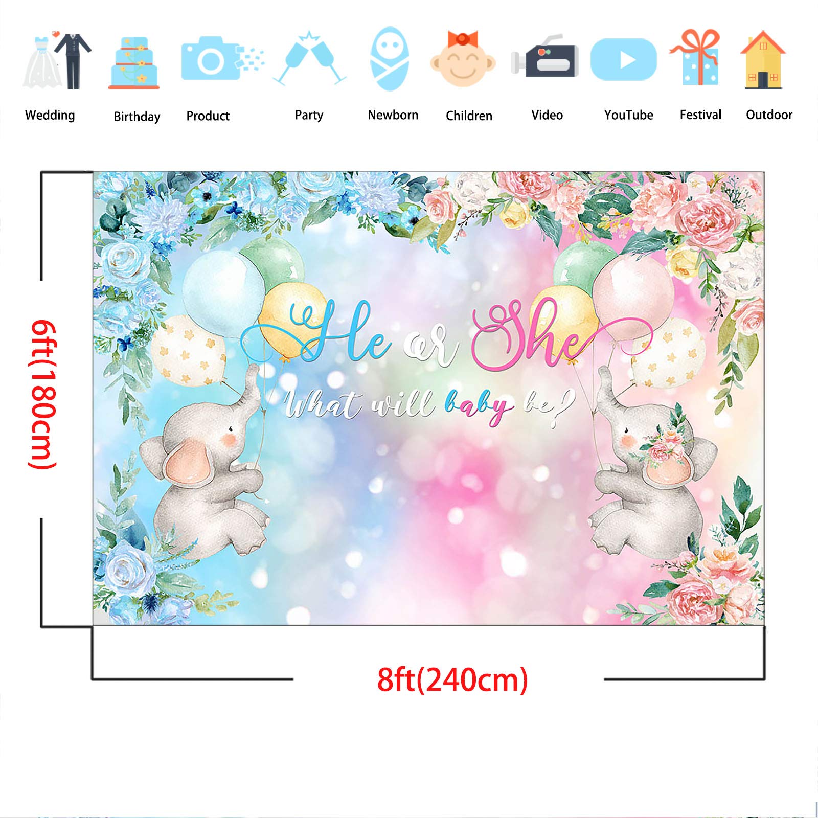 Elefant Geschlechts-Enthüllung Hintergrund 2,4x1,8 M – Rosa/blau Mit Blumen, Für Baby-Party Fotografie