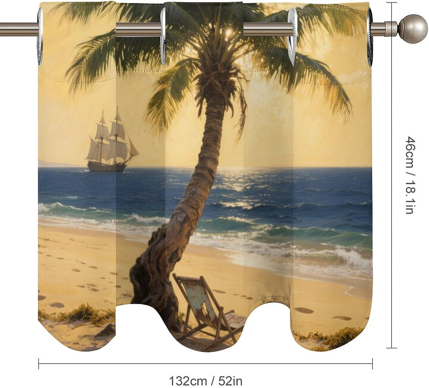 Beach Coconut Trees Curtain 2 Panels, Polyester Fiber, Blackout Insulated Window Curtain, Curtain Valance for Kitchen Dining Room Living Room Cafe Small Window 52 * 18.1 Inches