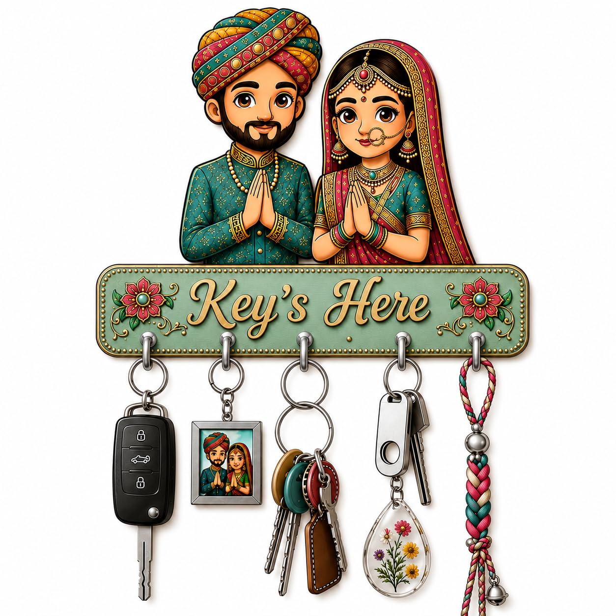 Rajasthani Couple Key Holder | 5 Steel Hooks | HD UV Printed MDF Key Stand | Home Entrance Decor | Housewarming & Wedding Gift (Multicolour)-image-43
