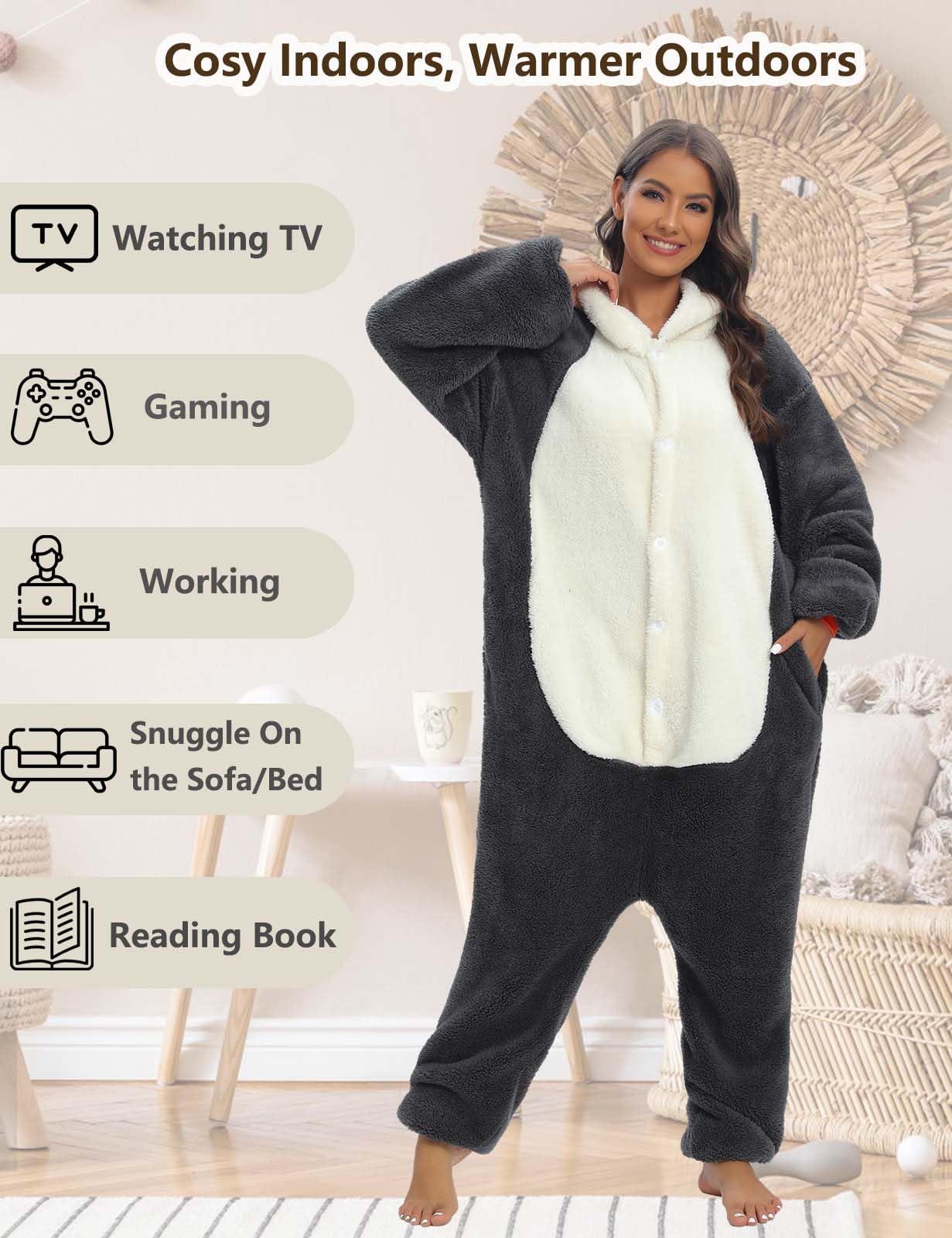 Tuta Donna Invernale Peluche Gigante Animali Pigiama Unisex con Cappuccio Tuta Donna Completa Adatto Come Costume Carnevale o Pigiami Natalizi Famiglia