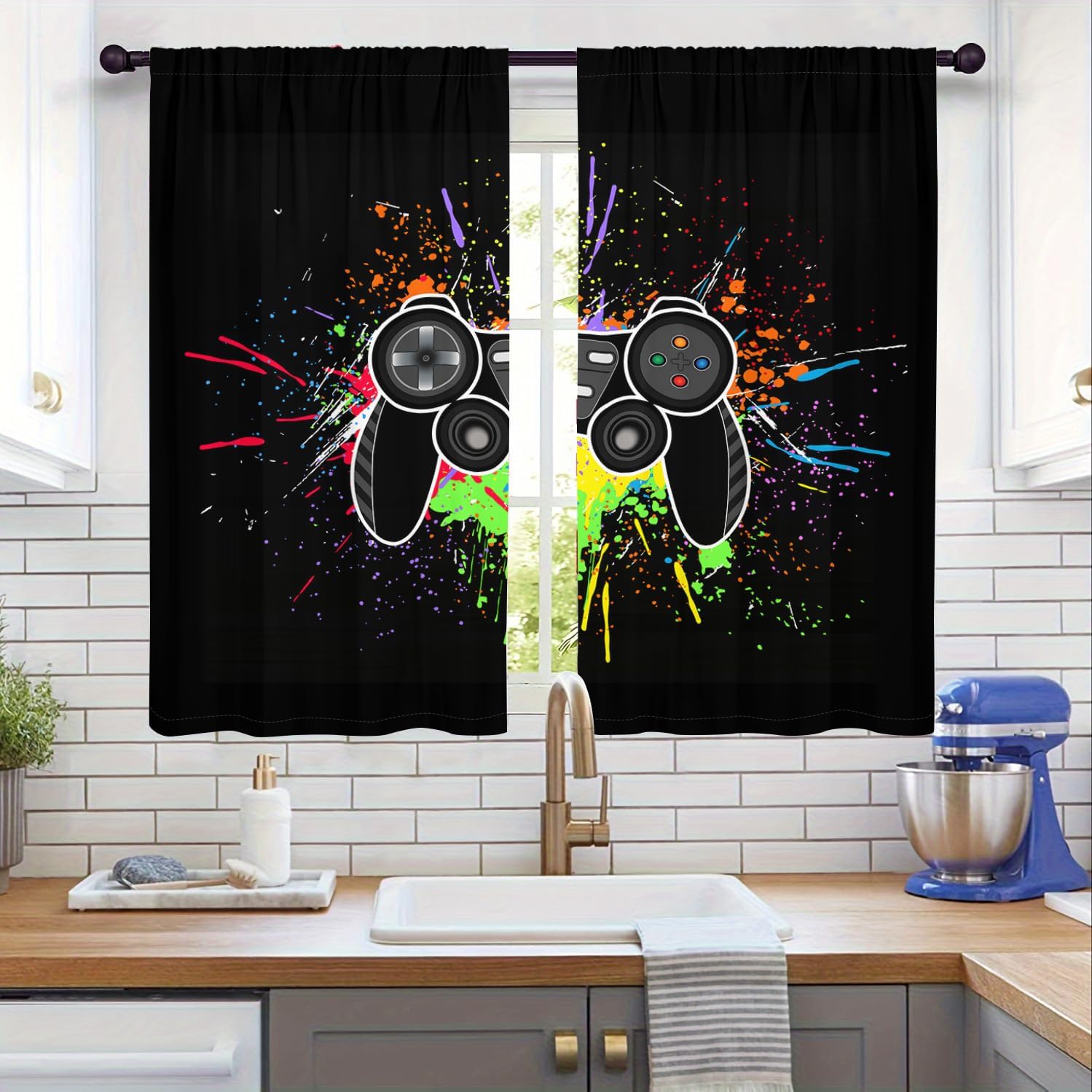 Video Game Controller Printed Curtain,Graffiti Cartoon Black Game Controller Light-Filtering Curtains for Bedroom,Living Rooms,Office Decor,Rod Pocket Drapes, 39.5" × 87", Set of 2 Panels