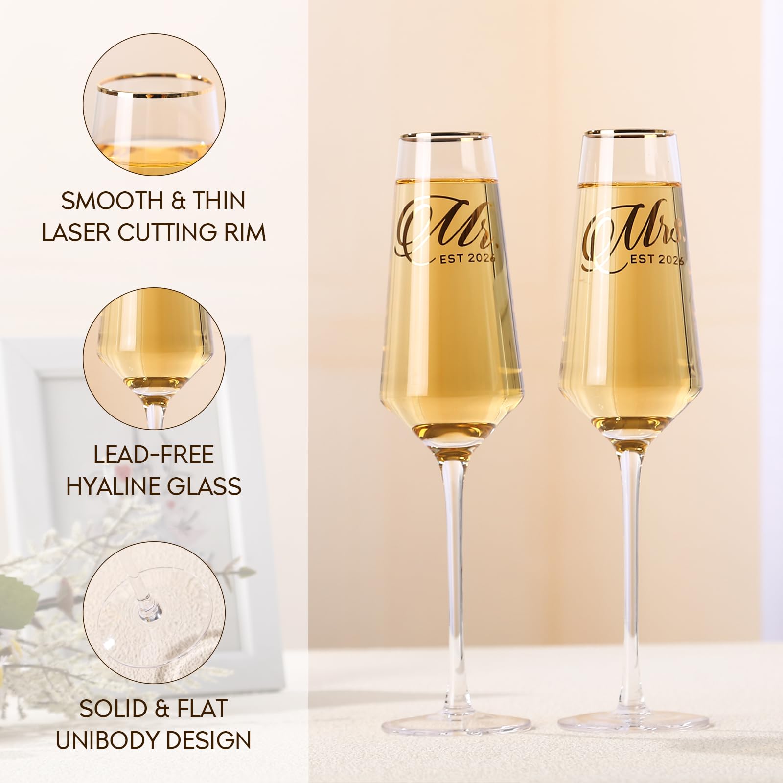 Juego de 2 copas de champán de boda, sopladas a mano, copas de champán para novia y novio, copas de champán para boda, compromiso, aniversario, despedida de soltera (juego de caja conmemorativa)