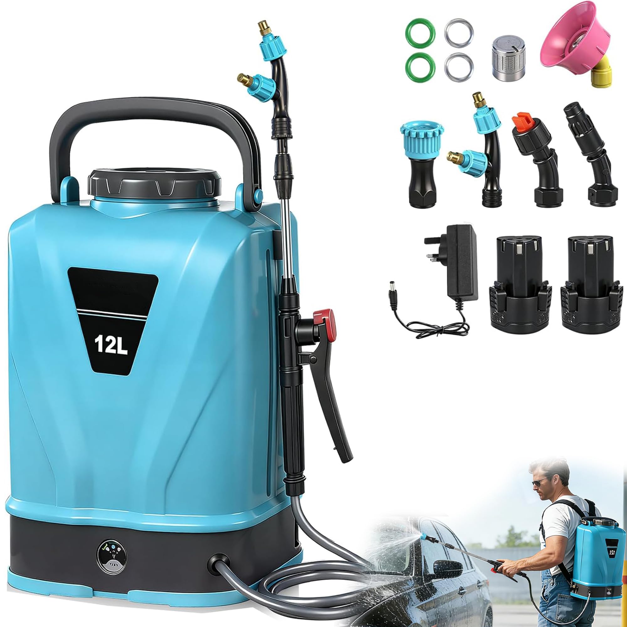 Fumigadora De Mochila Eléctrica con Batería De 12l, Pulverizador De Jardín Eléctrico con Mochila con 5 Boquillas De Niebla, Lanza Larga Retráctil para Césped, Jardín Y Patio