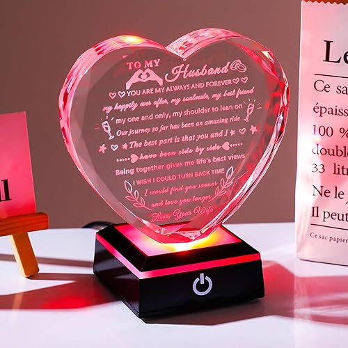 Miniatura 3 de YWHL Regalos para marido de esposa con base LED colorida para aniversario, regalos de cumpleaños para marido a mi esposo, recuerdo de corazón de