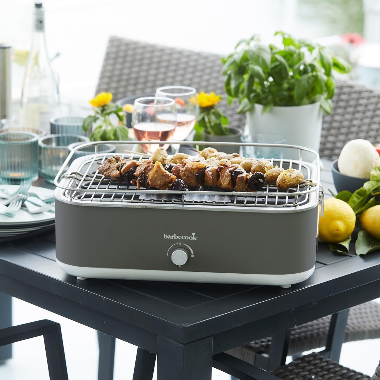 Barbecook elektrischer Tischgrill E-Carlo mit Tragetasche geeignet für Balkon als Outdoor Camping-Grill, spülmaschinen-fest, Midnight Grey 42.5x33x16.5cm