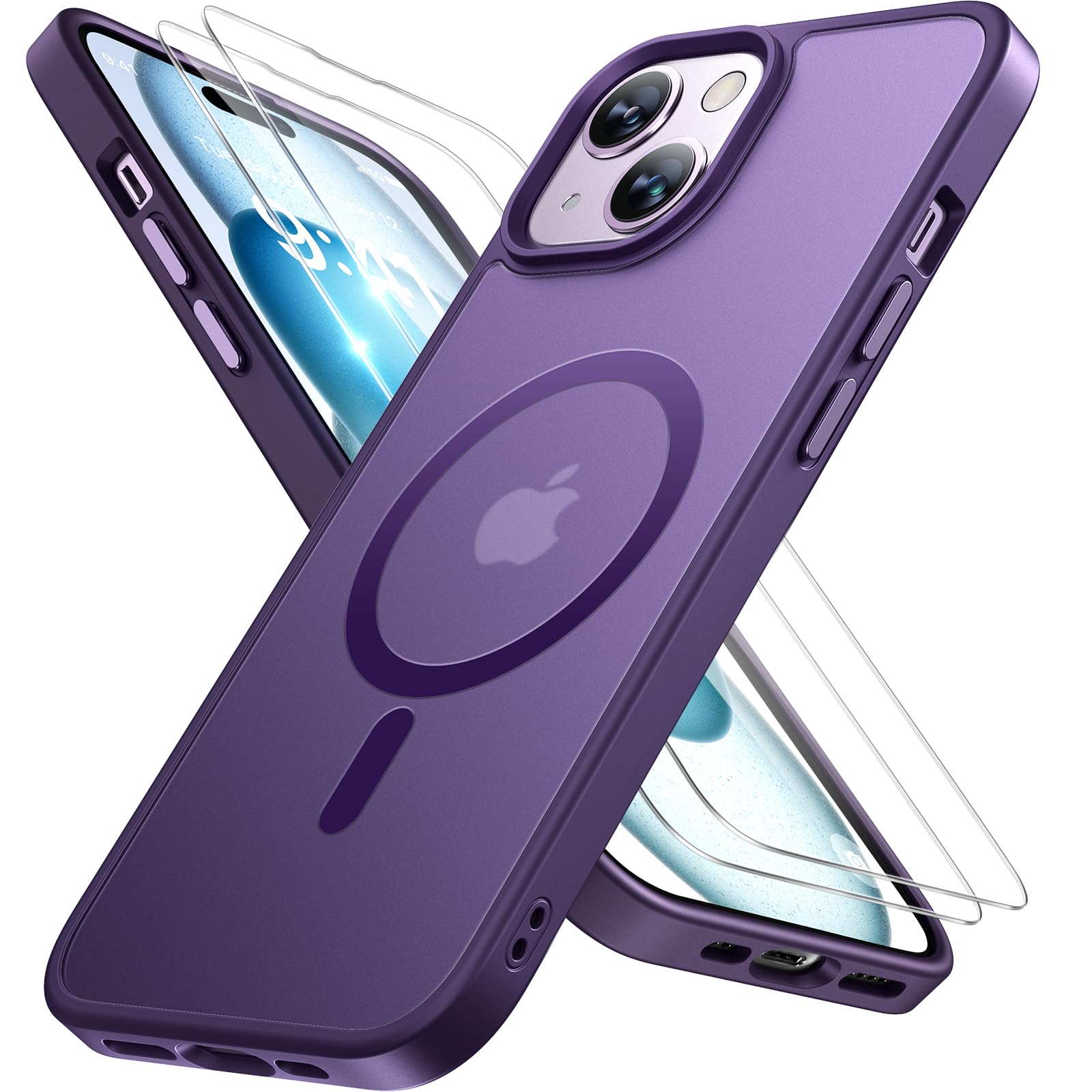 Miracase Magnetic for iPhone 15 Plus Case 6.7 inch (Compatible with MagSafe)（with 2X Screen Protectors） Military-Grade Protection, Anti-Fingerprint Translucent Matte Phone Cover, Dark Purple