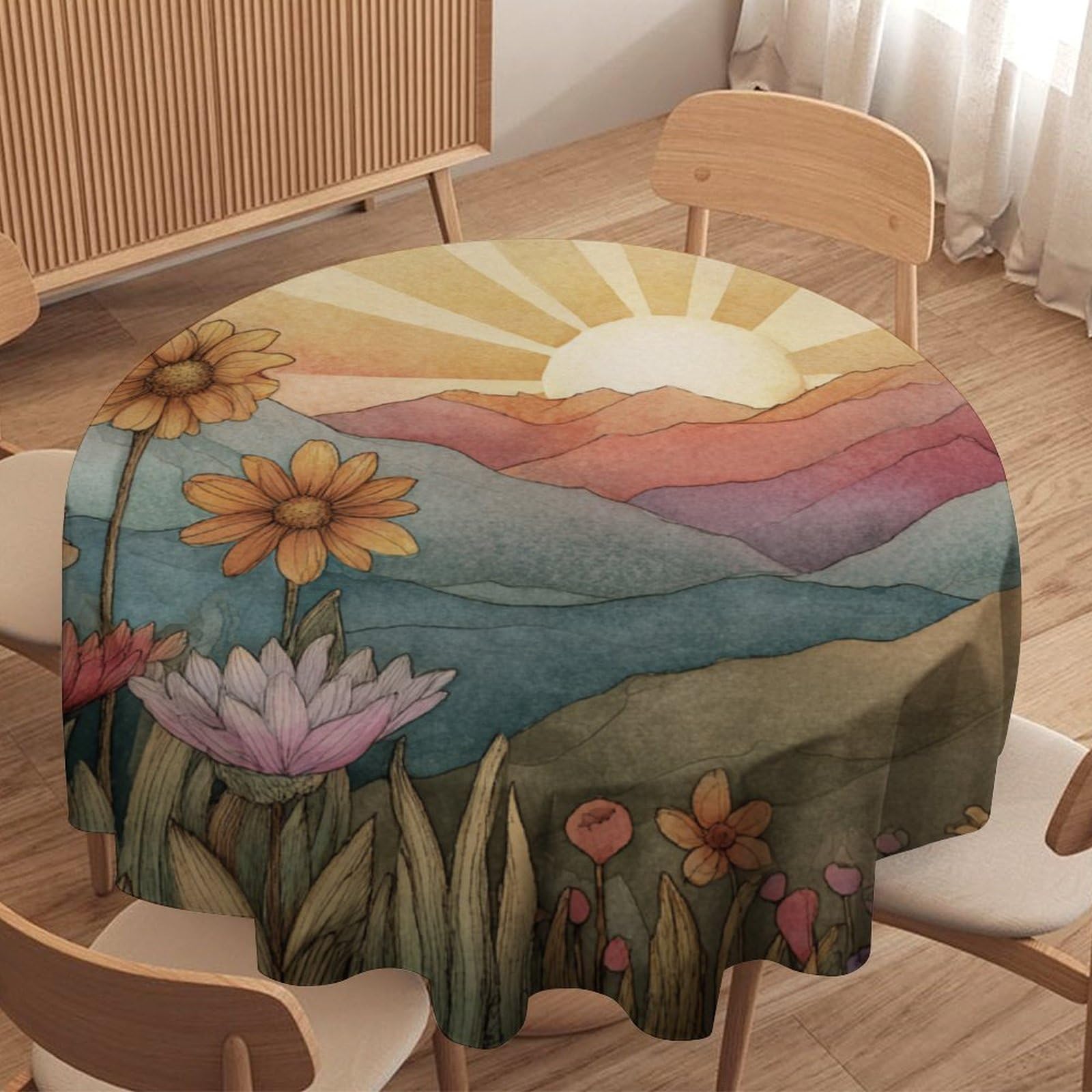 LUYYSKY Minimalist Retro Sunrise Scenery Waterproof Round Tablecloth Rustic Oil Painting Natural Landscape Plant Daisies Floral Pattern Washable Table Cover for Kitchen-127 Wx127 L cm