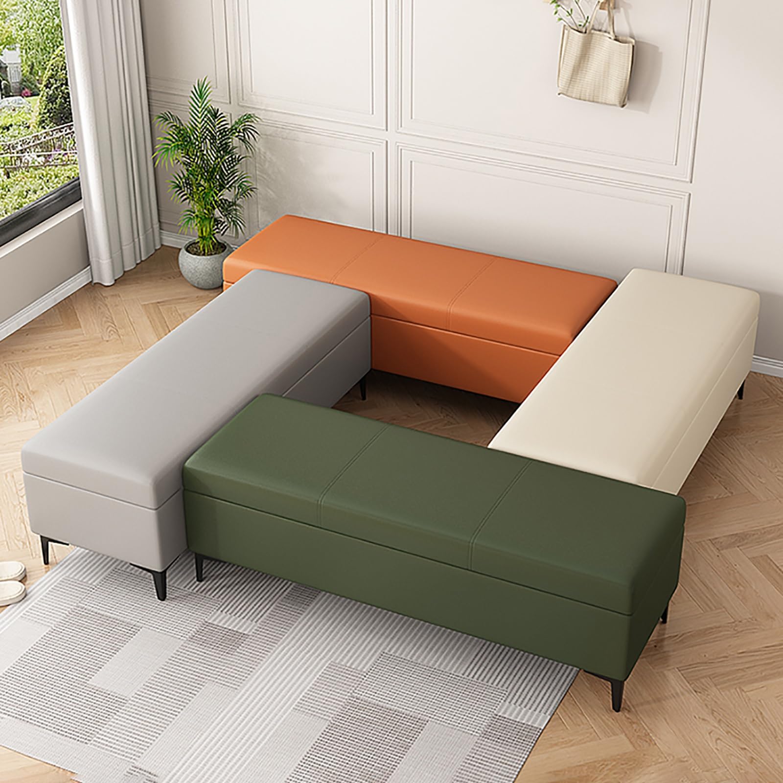 Banco Almacenamiento de Cuero, Reposapiés para Sala de Estar, Banco con puf Almacenaje y Asiento, Sala de Estar, Dormitorio(Green,59in/150cm)