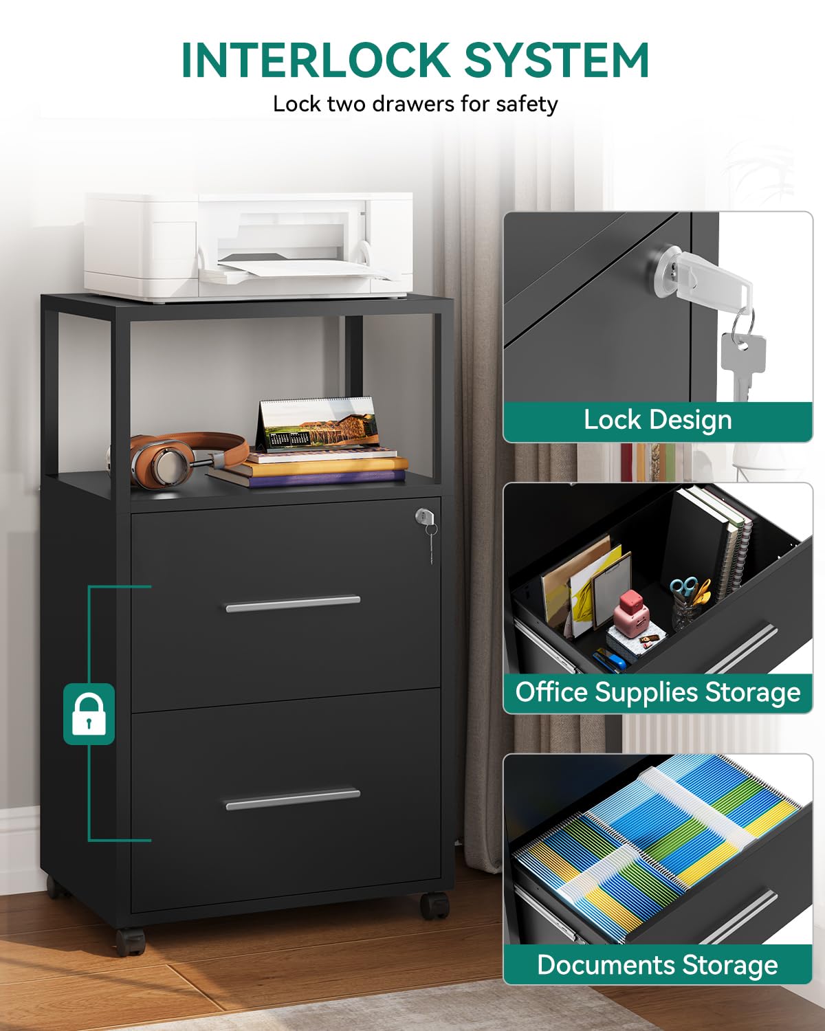YITAHOME Druckertisch mit Rädern, 104CM Tall Aktenschrank mit Stahlböden, Mobiler Aktenschrank Druckerständer, Bürocontainer Rollschrank, Schubladenkommode für Zuhause Büro, 104x60x40 cm, Schwarz