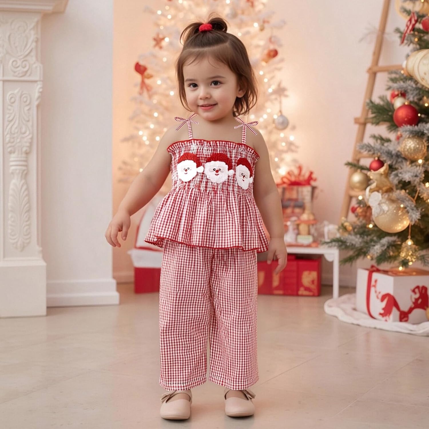 FIOMVA Christmas Toddler Baby Girl Outfit Spaghetti Strap Top Linen Pant Set Kids Little Girls Xmas Dress Clothes