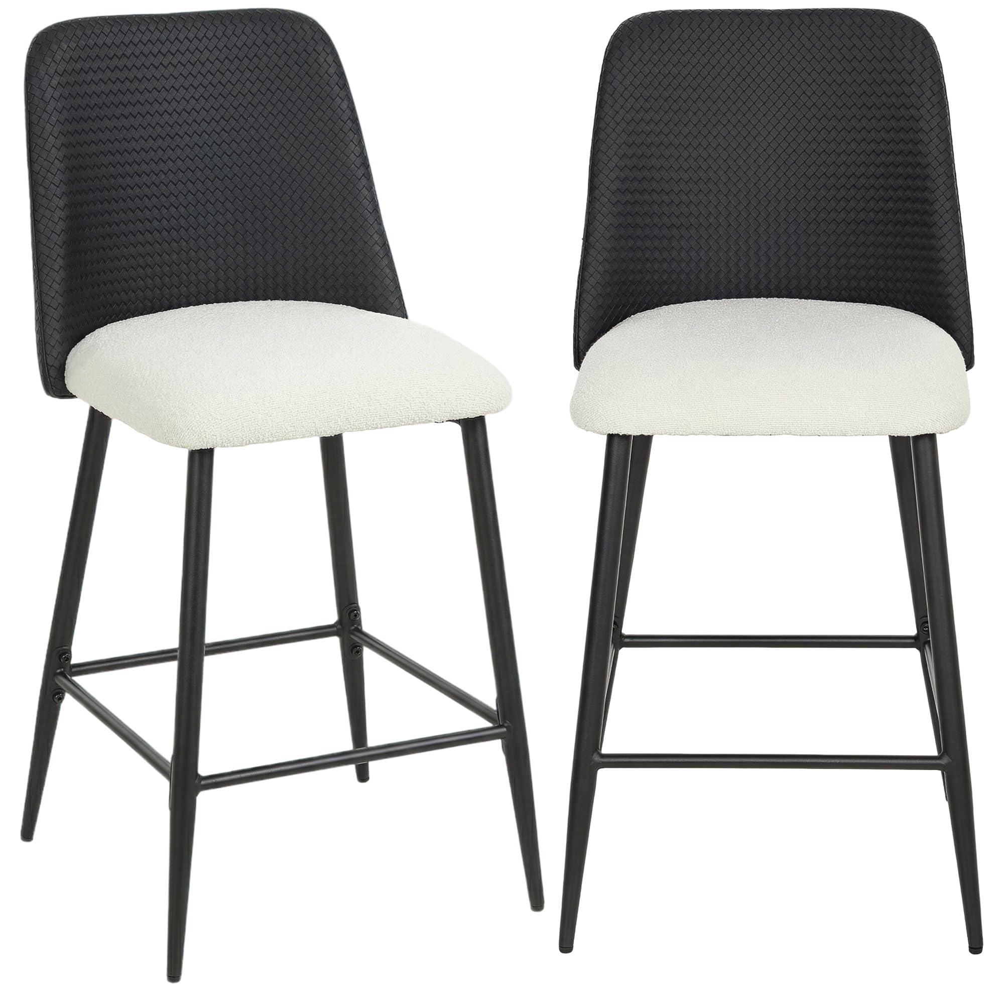 HOMCOM Juego de 2 Taburetes de Bar, Taburetes Altos de Cocina con Respaldo Efecto Tejido y Reposapiés, Tapizados de Lino con Efecto Cepillado y PU, Marco de Acero, Asiento de 65 cm de Altura, Negro