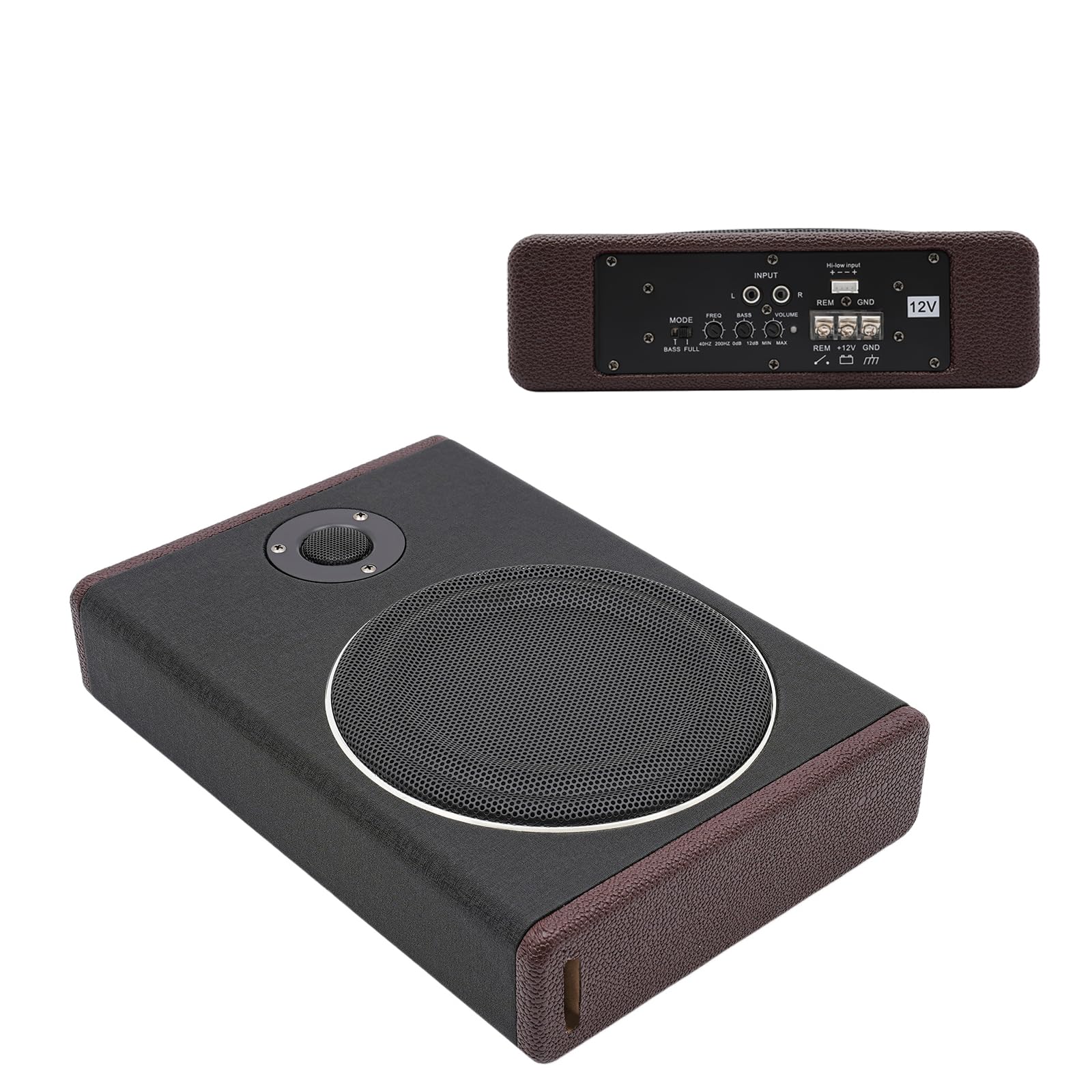 Subwoofer da 8 Pollici, 600 W, Ultra Sottile, Attivo per Auto, Montabile Sotto il Sedile del Passeggero, con Custodia Protettiva in Corno in Acciaio